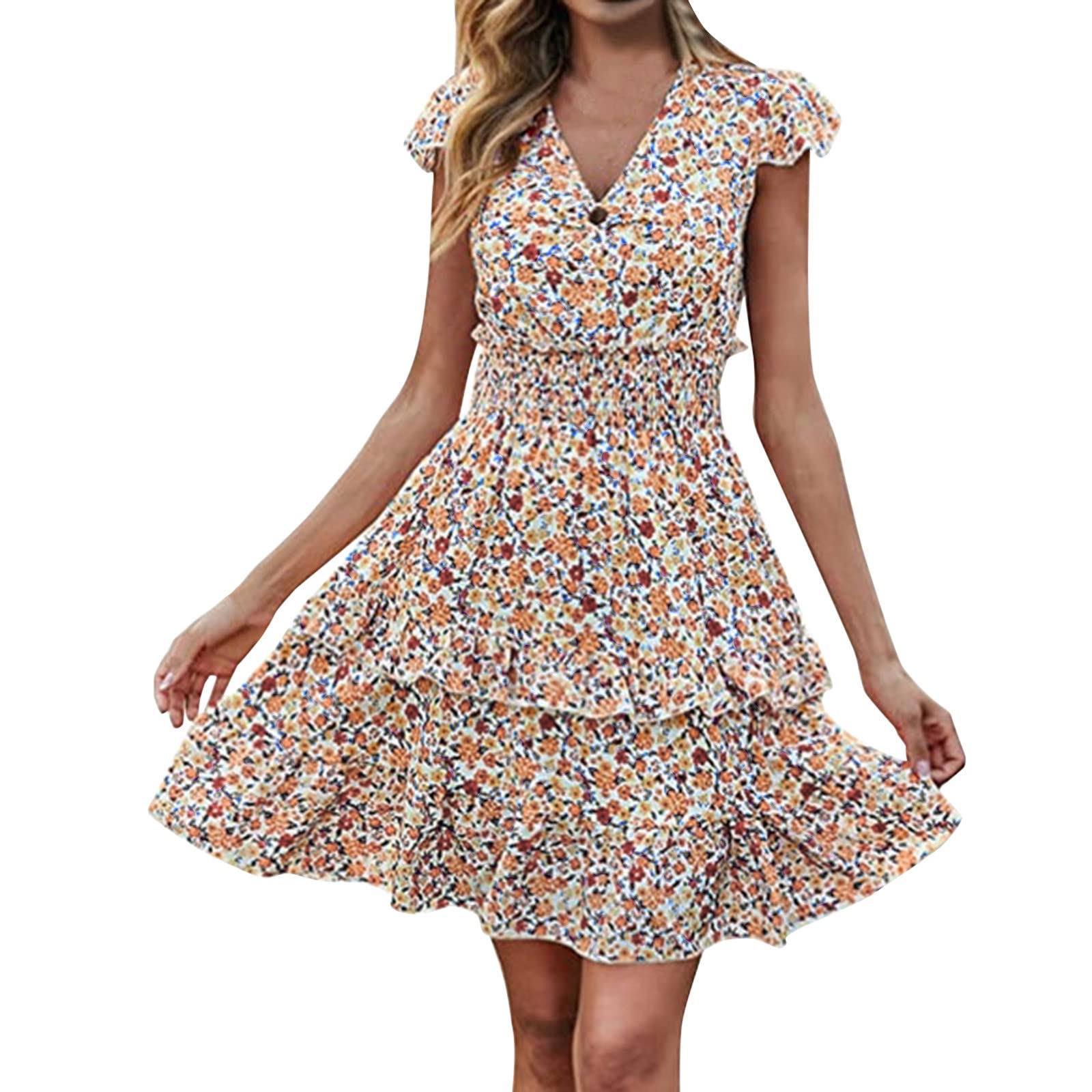 Boho Floral Print V-Neck Ruffle Sleeve Mini Dress for Women - Smocked Waist A-Line Summer Dress for Beach, Party & Date Night