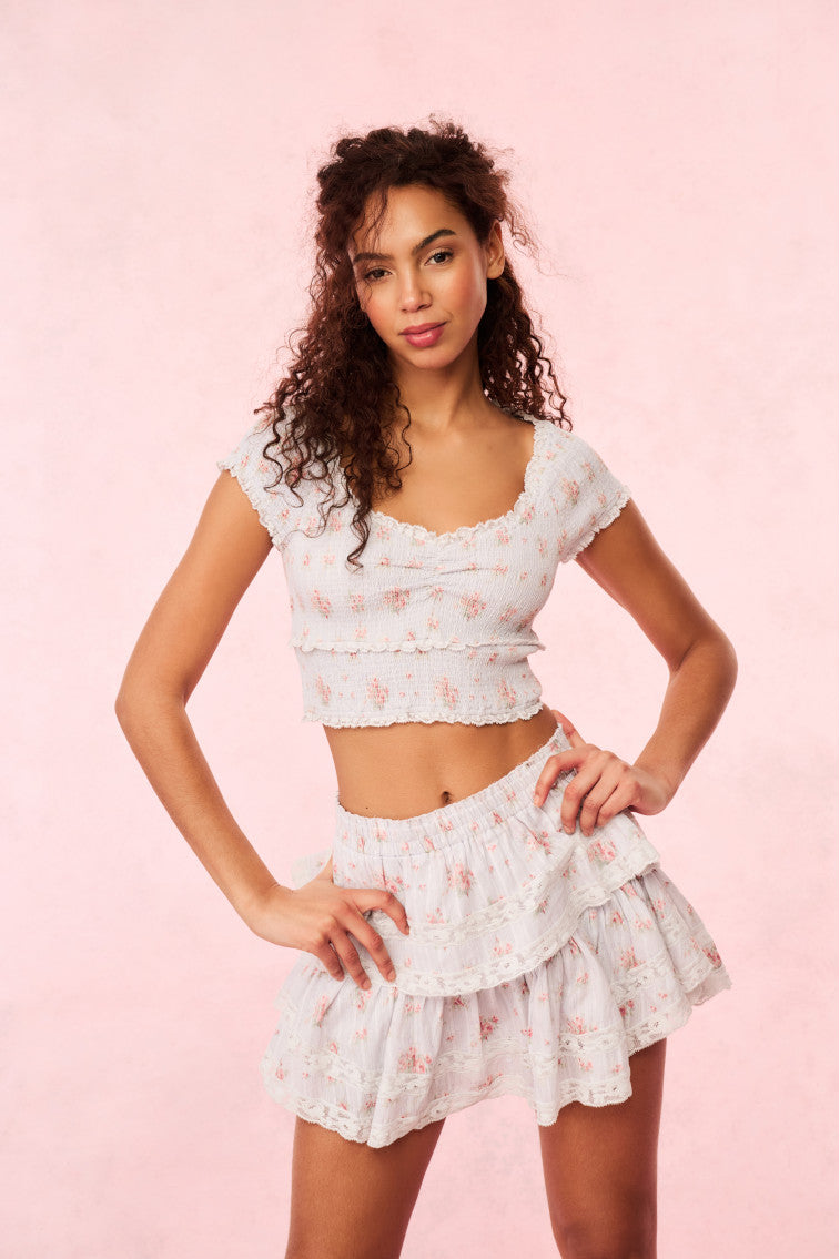 Blue Floral Ruffle Mini Skirt for Women - Summer Casual Dressy Outfit, Beach Vacation & Date Night Wear
