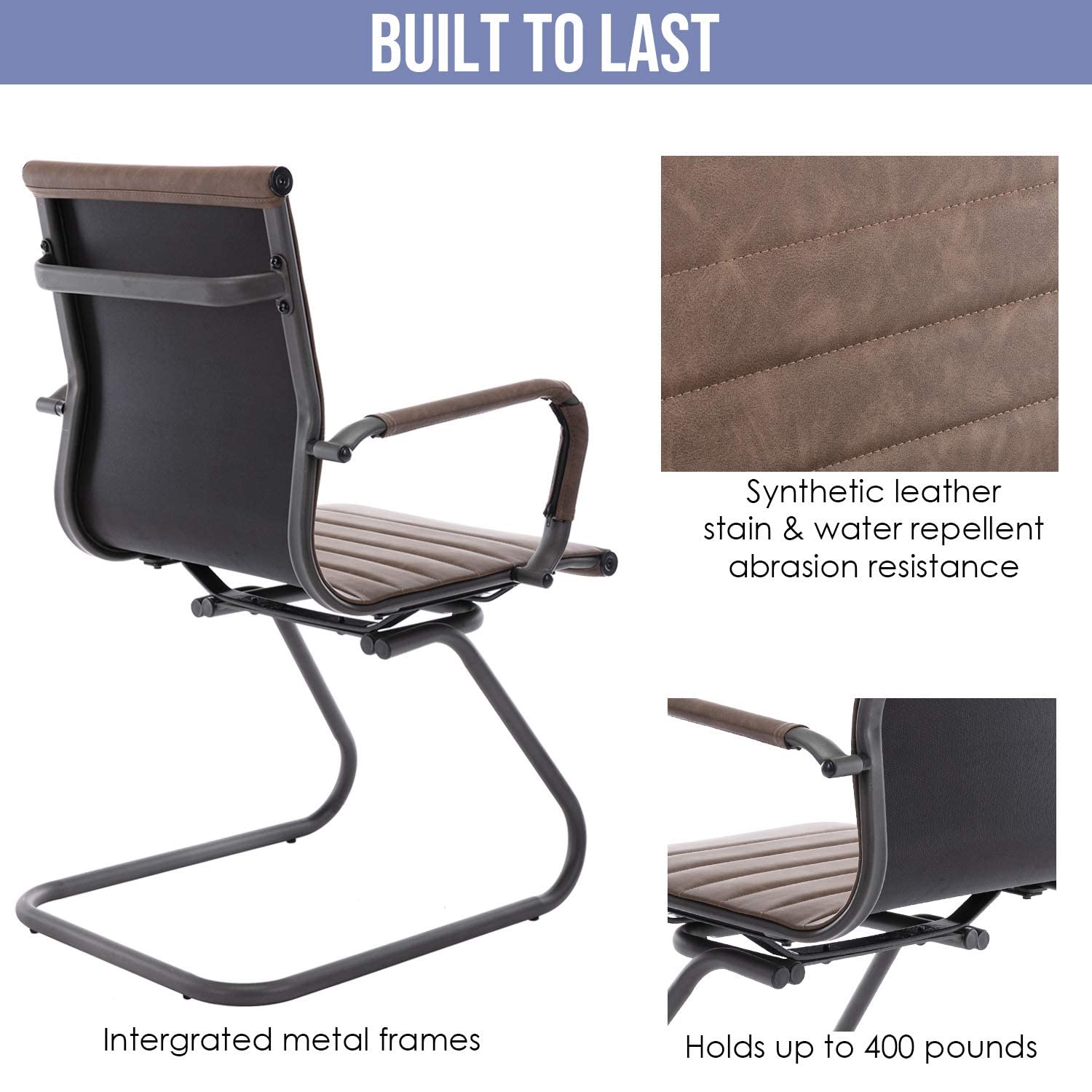Modern Retro Brown Office Chairs Set of 4 - Heavy Duty 400 lbs Capacity Sled Base Conference Room Chairs - No Wheels Waiting Room Seating for Office, Home, and Business Use