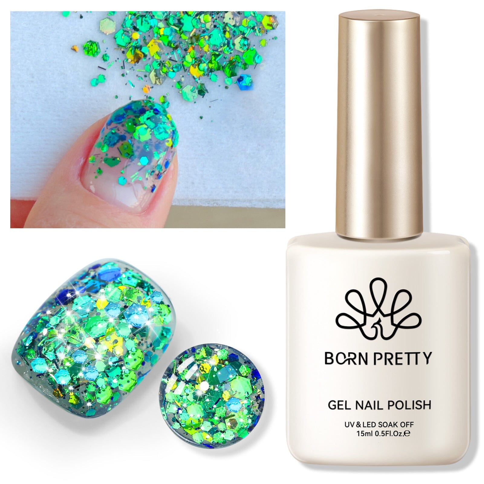 Green Colorful Sequins Glitter Gel Polish SG11 Peacock 15ml - Long Lasting Nail Art Polish for Manicure & Pedicure - Perfect for Parties, Weddings, and Special Occasions