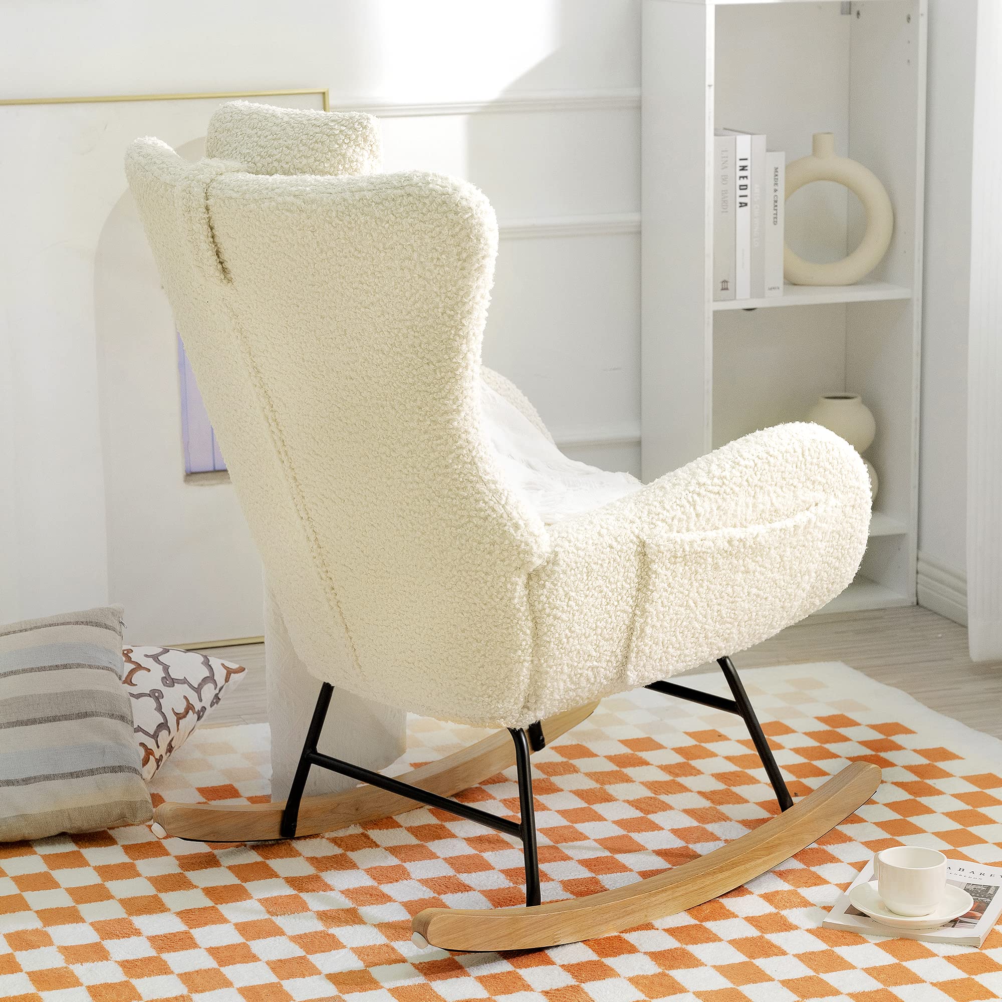 **Teddy Upholstered Glider Rocker Recliner - High Backrest Nursery Rocking Chair with Adjustable Headrest, Comfy Accent Armchair for Living Room & Bedroom (Beige) | Perfect for Nursing, Reading & Relaxing**