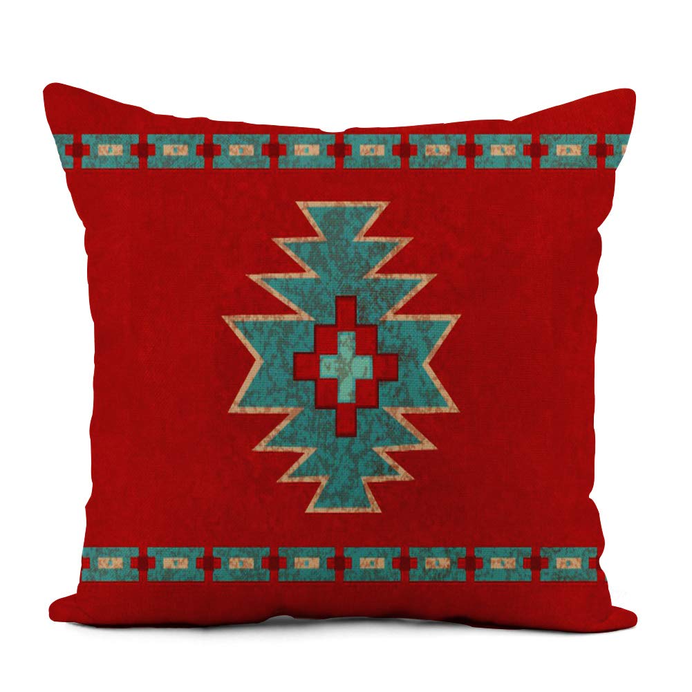 20x20 Inch Red Western Southwest Throw Pillow Cover - Santa Tribal Native Desert Turquoise Design for Sofa, Couch & Bed - Perfect for Southwestern Home Decor & Cozy Living Room Accents