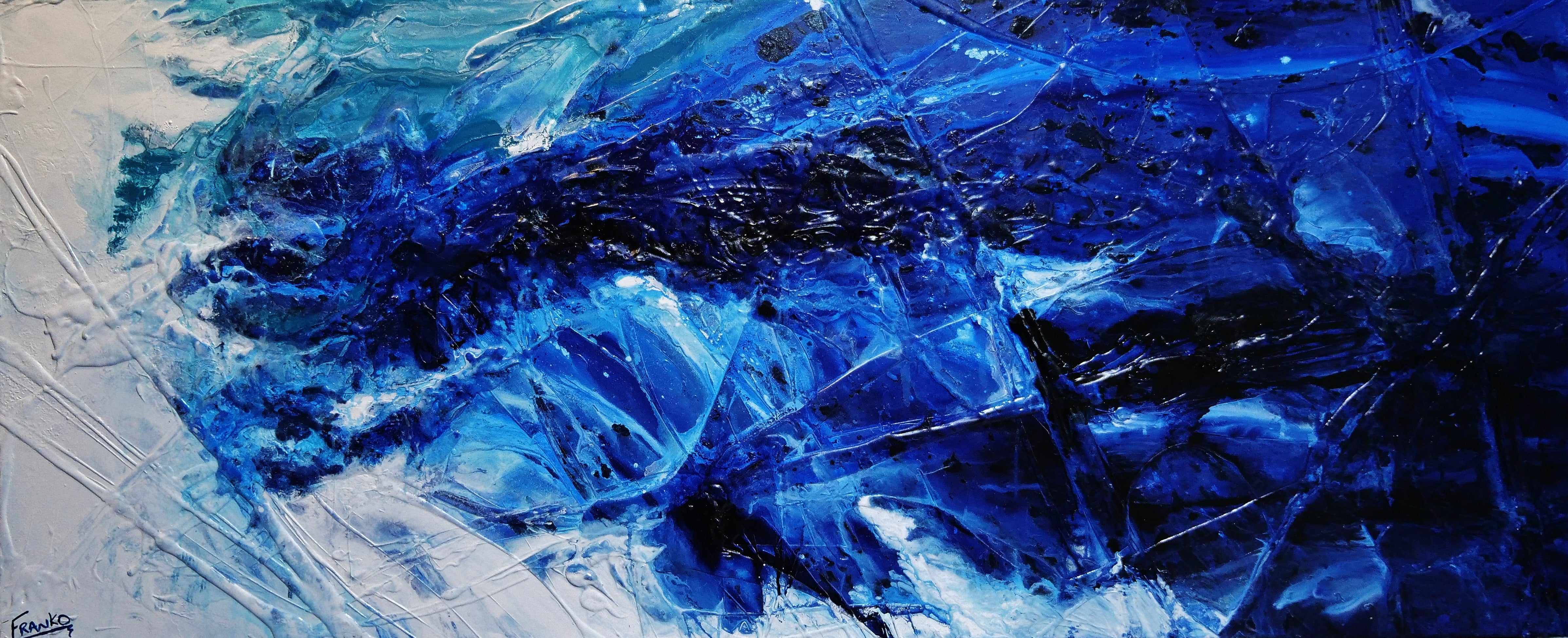 240cm x 100cm Blue and White Textured Abstract Canvas Art - Modern Fractured Painting for Living Room Wall Decor | Large Contemporary Artwork for Home & Office