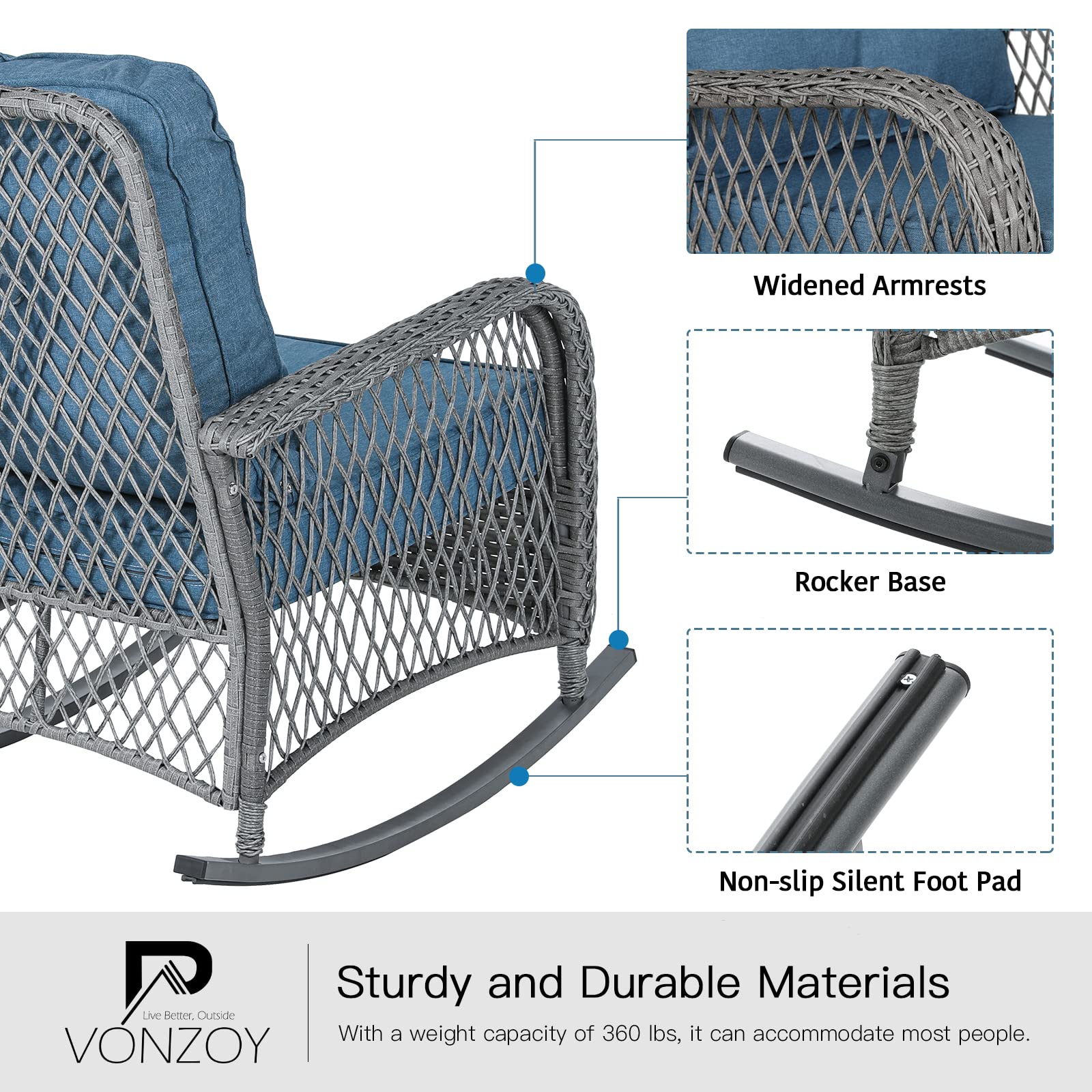3-Piece Patio Furniture Set - Wicker Rocking Bistro Set with Thick Cushions, Outdoor Rocker Chairs & Coffee Table for Porch, Backyard or Garden (Blue) - Perfect for Relaxing, Entertaining & Outdoor Dining