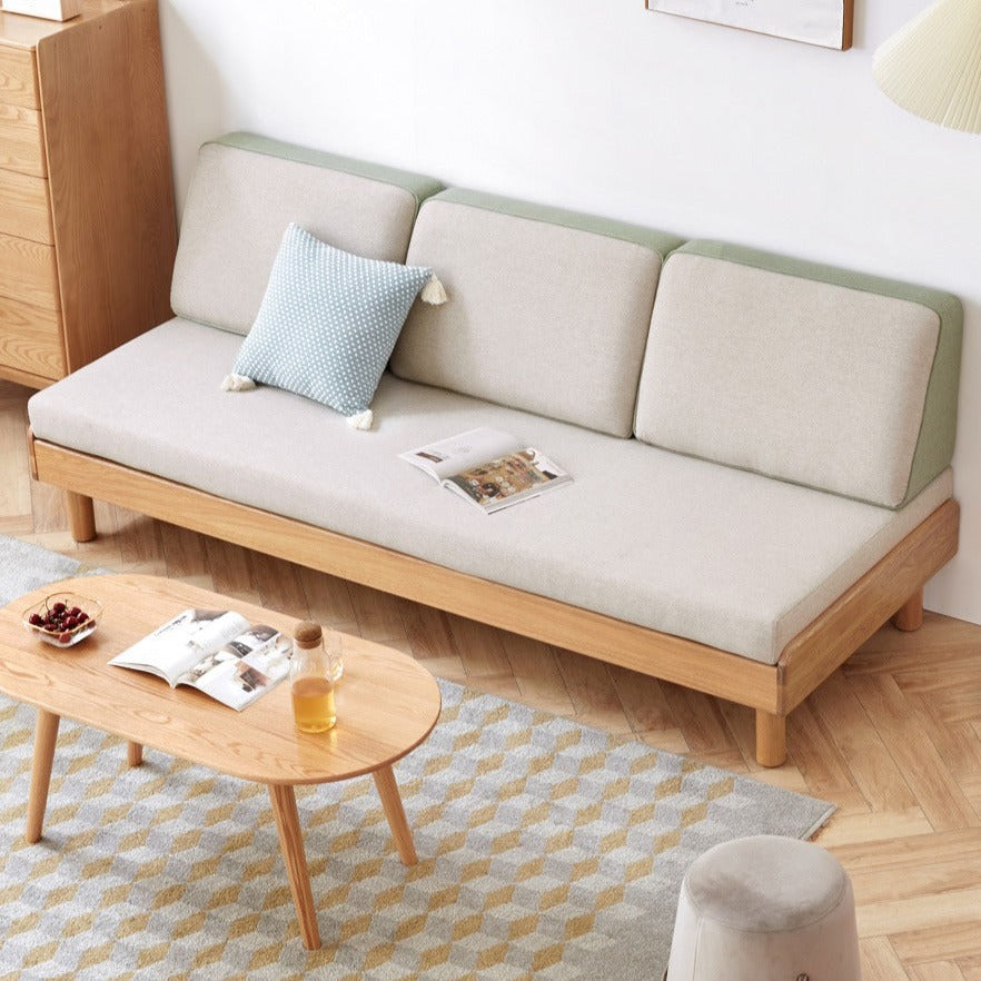 **Solid Oak Wood Tatami Fabric Sofa Bed - Convertible Folding Futon for Small Spaces, Guest Room & Apartment Living**