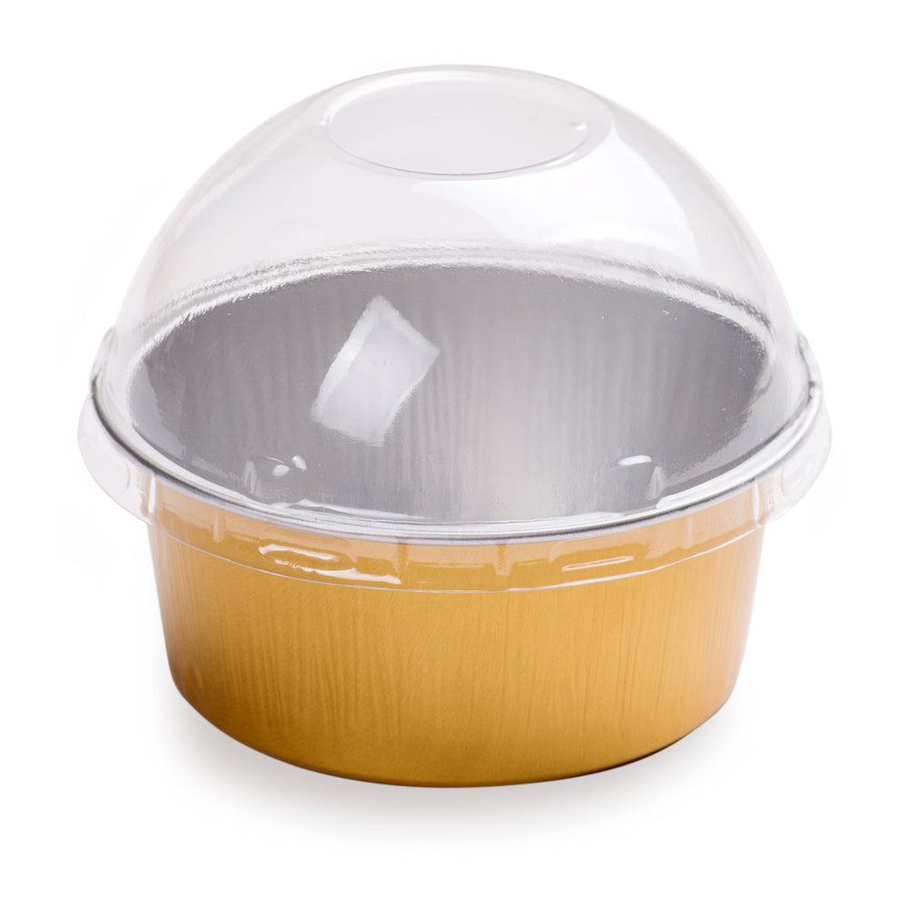 4 oz Round Gold Aluminum Baking Cups with Plastic Dome Lids - 3.25