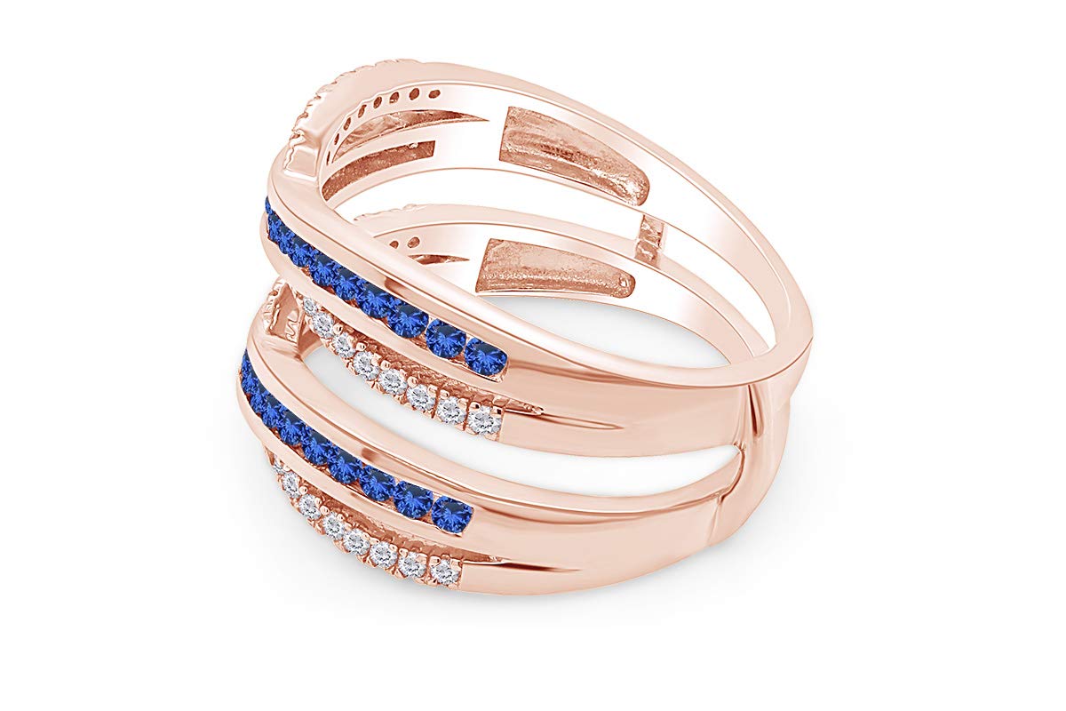 14K Gold Over Sterling Silver Round Simulated Blue Sapphire & Natural Diamond Wedding Band Ring Guard Enhancer for Women - Elegant Jewelry Gift for Brides, Anniversaries & Special Occasions
