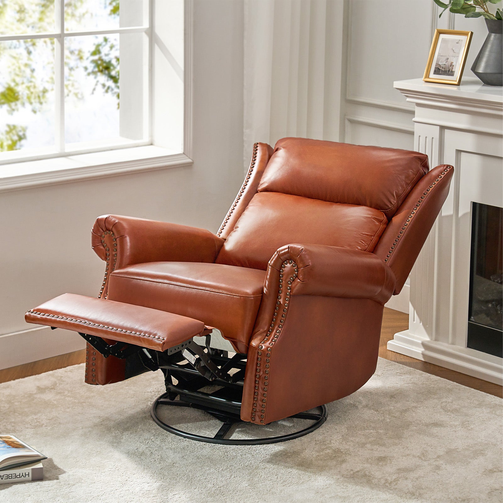 Martina Genuine Leather Manual Swivel Glider Recliner Chair - Comfortable Living Room Seating for Relaxing, Reading & Nursing