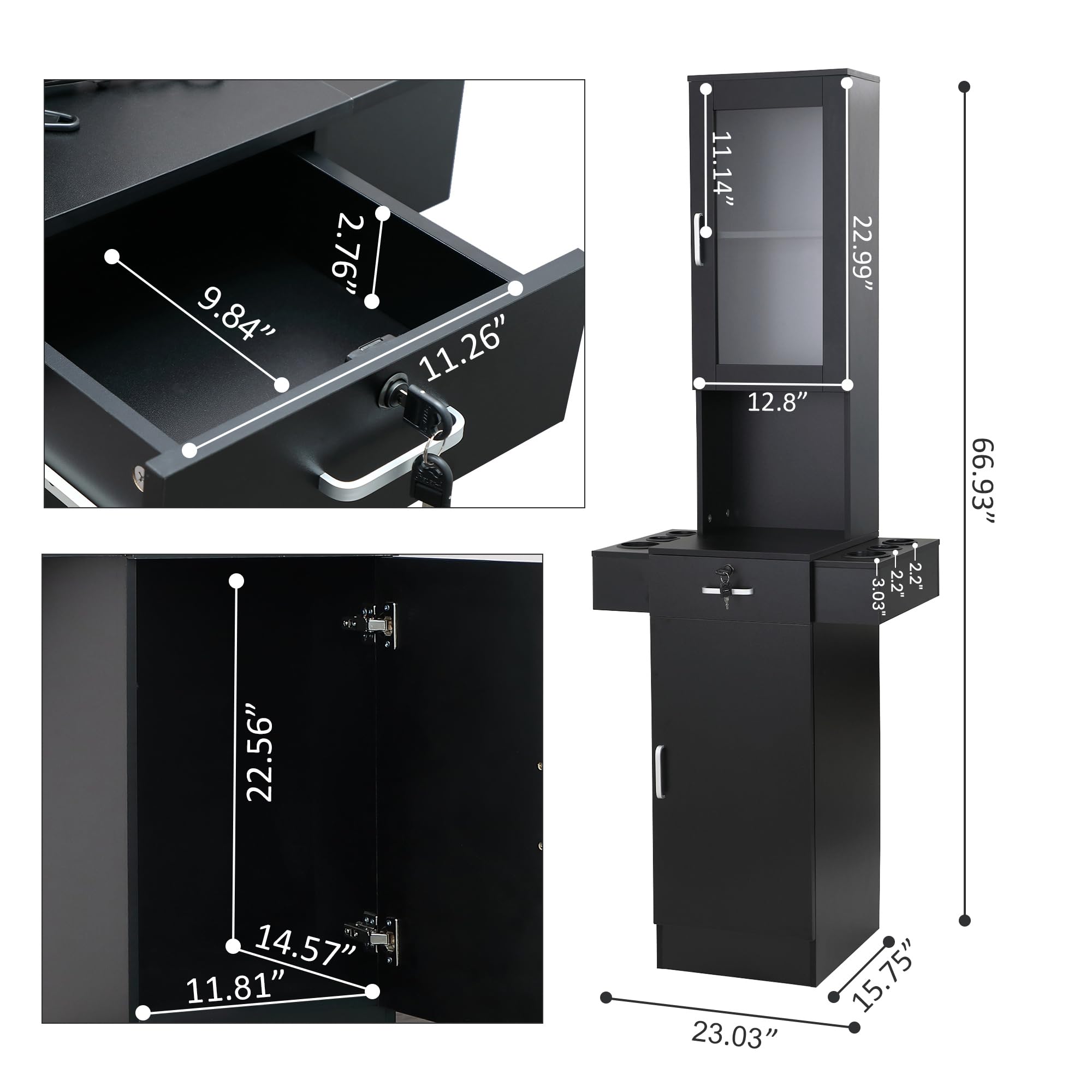 Professional Salon Station for Hair Stylists - Hair Styling Organizer with Glass Door, 6 Tool Dryer Holders & 2 Storage Cabinets - Black Beauty Spa Barber Equipment for Salon, Home & Professional Use