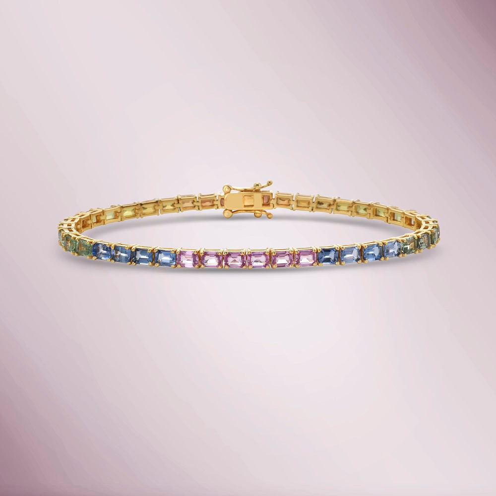 14K Gold Emerald Cut Rainbow Multi-Color Sapphire Tennis Bracelet (10.85 ct) - Perfect for Weddings, Anniversaries & Special Occasions