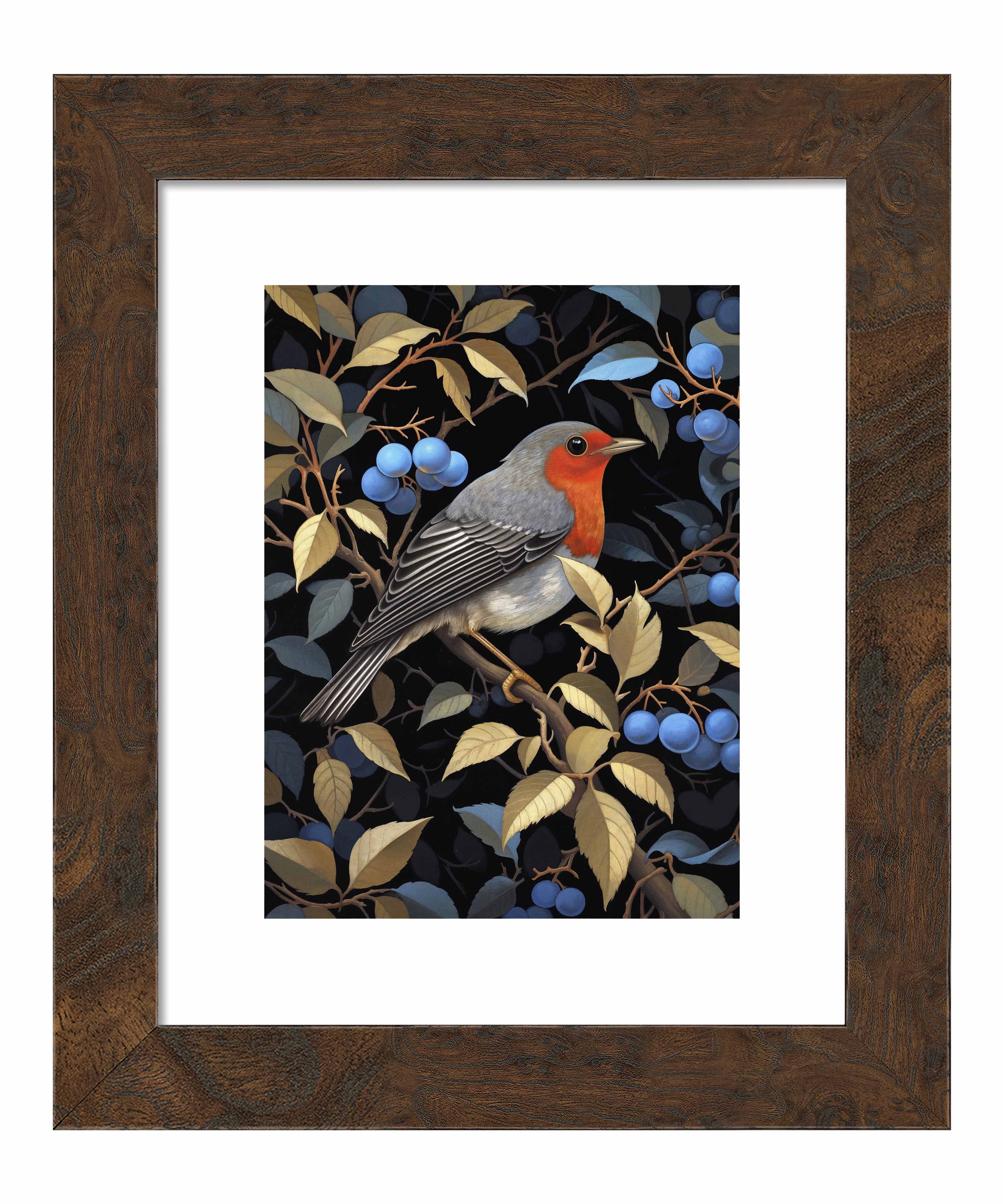 Crimson Song Robin Among Blueberries Wall Art Print - Beautiful Bird Painting for Home Decor, Living Room, Bedroom & Office