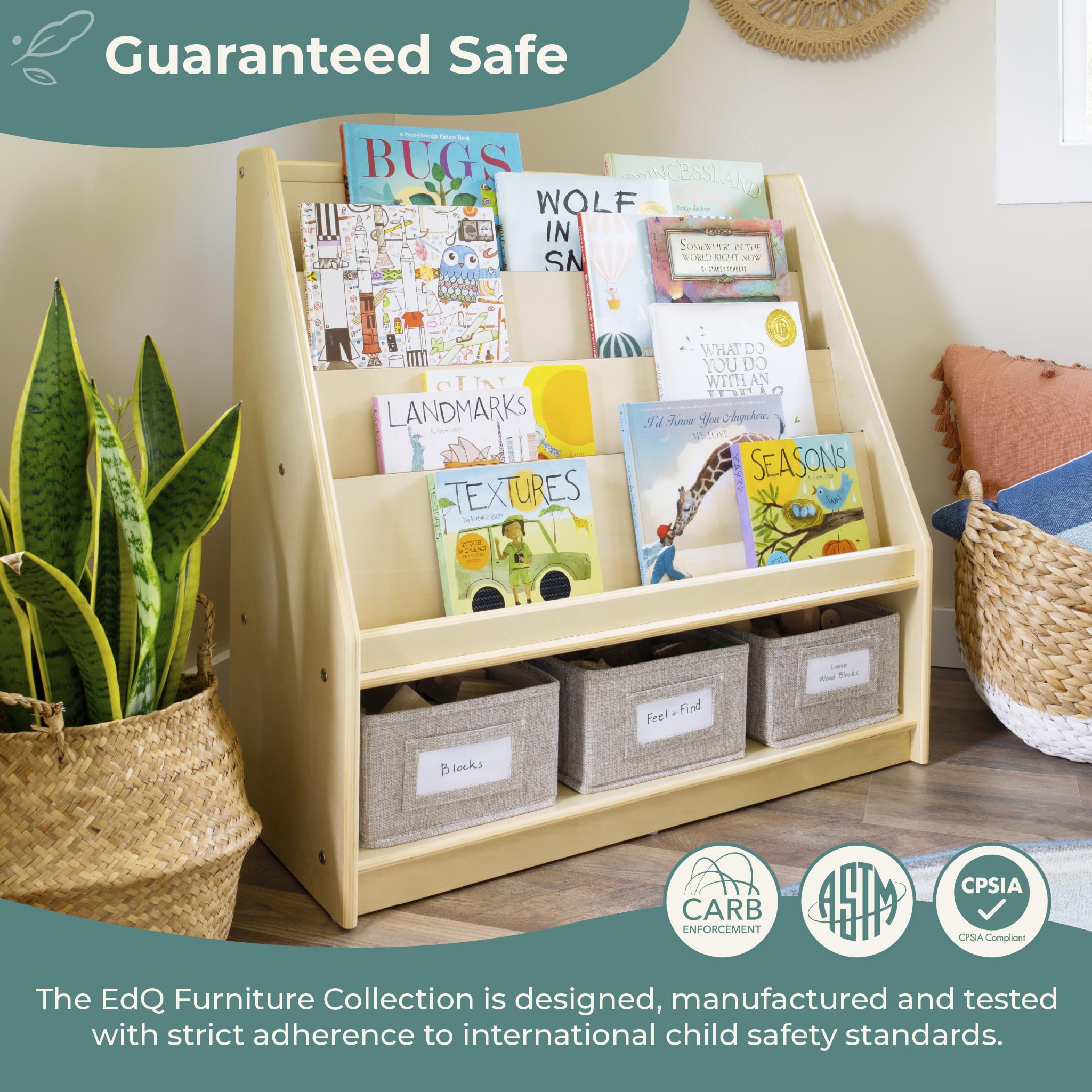 Guidecraft EdQ Natural Wood Book & Bin Display with 3 Fabric Storage Bins - Multi-Purpose Bookcase & Toy Organizer for Homeschool, Classroom & Kids' Room Storage Solutions