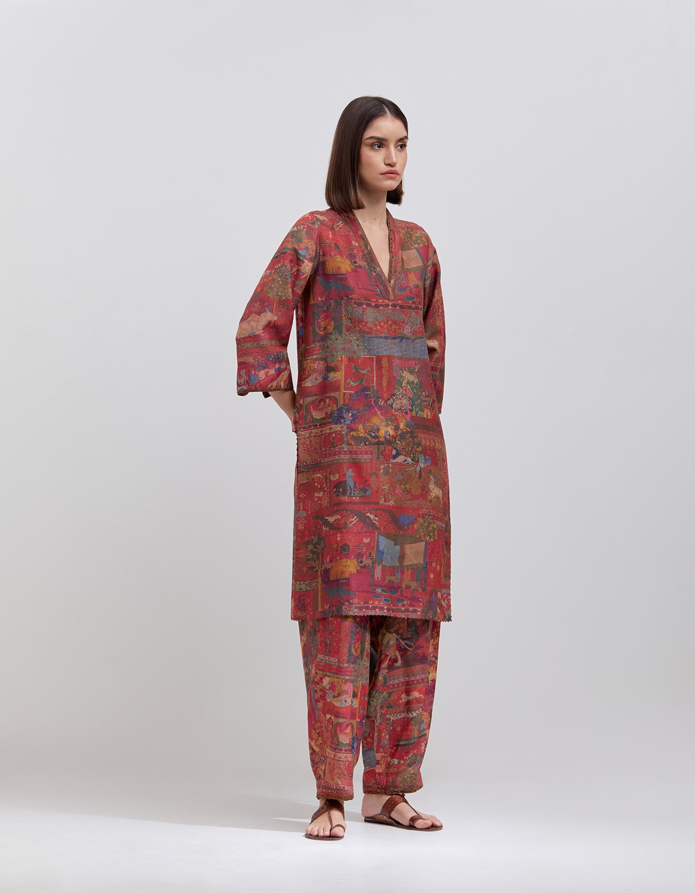 Elegant Damini Kurta in Muga Satin Crimson - Traditional Indian Women's Dress for Festivals & Special Occasions