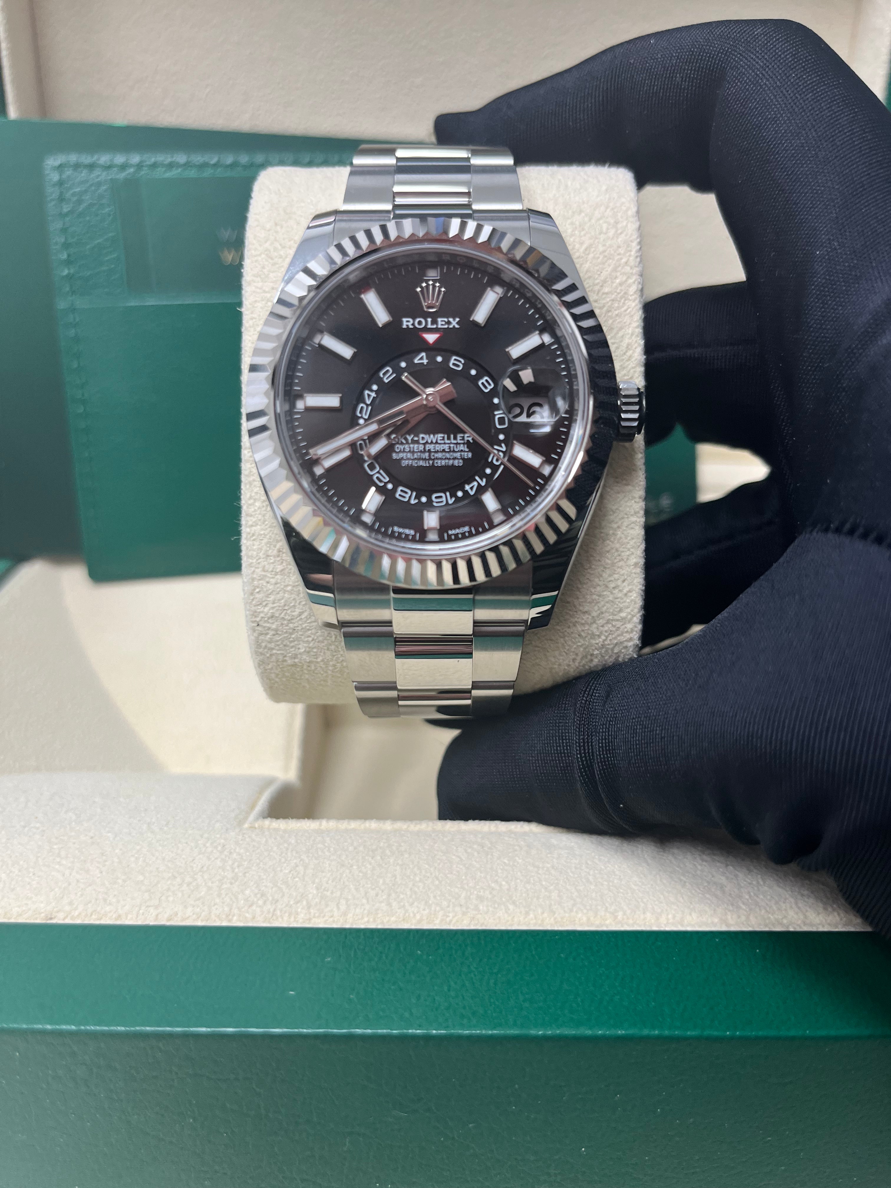 Rolex Sky-Dweller 18K White Gold 42mm Black Dial Stainless Steel Bracelet Ref. 326934 - Luxury Watch for Business Travel & Formal Occasions