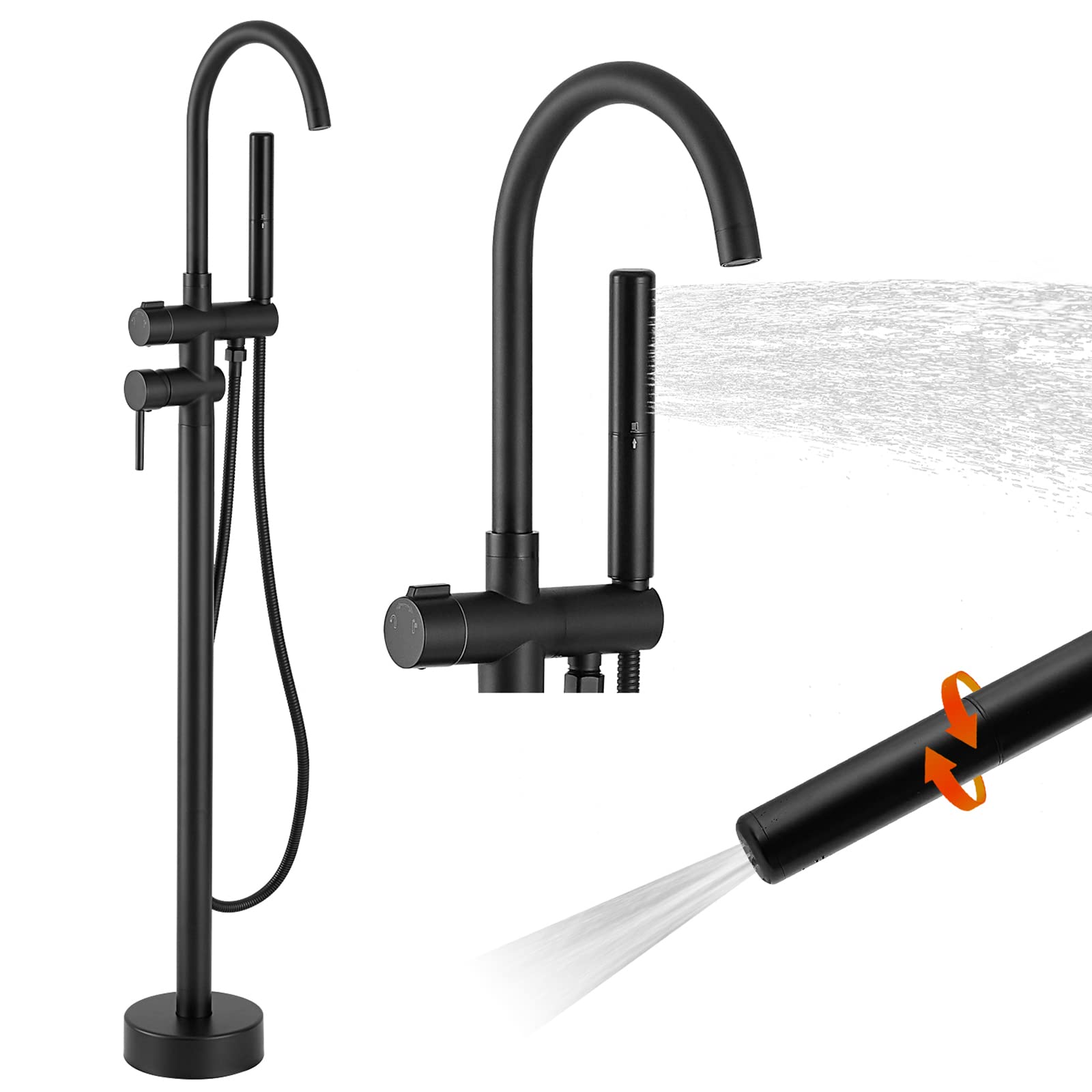 BESy Freestanding Bathtub Faucet - Floor Mount Brass Tub Filler with 2-Function Hand Shower & Swivel Spout - Matte Black Finish - Perfect for Modern Bathroom & Spa Retreat