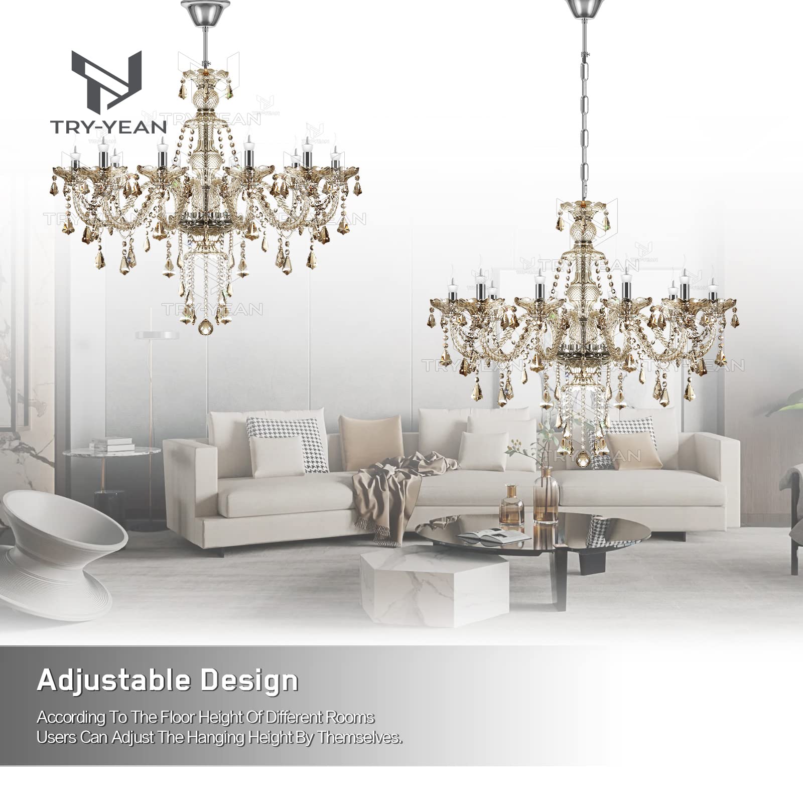 Modern 10-Light Cognac Chandelier with K9 Crystal Glass & Adjustable Chain - Classic Candle Style Ceiling Pendant Light for Bedroom, Dining Room, Hallway (E12 Base) - Perfect for Romantic Dinners, Wedding Decor & Luxury Home Lighting