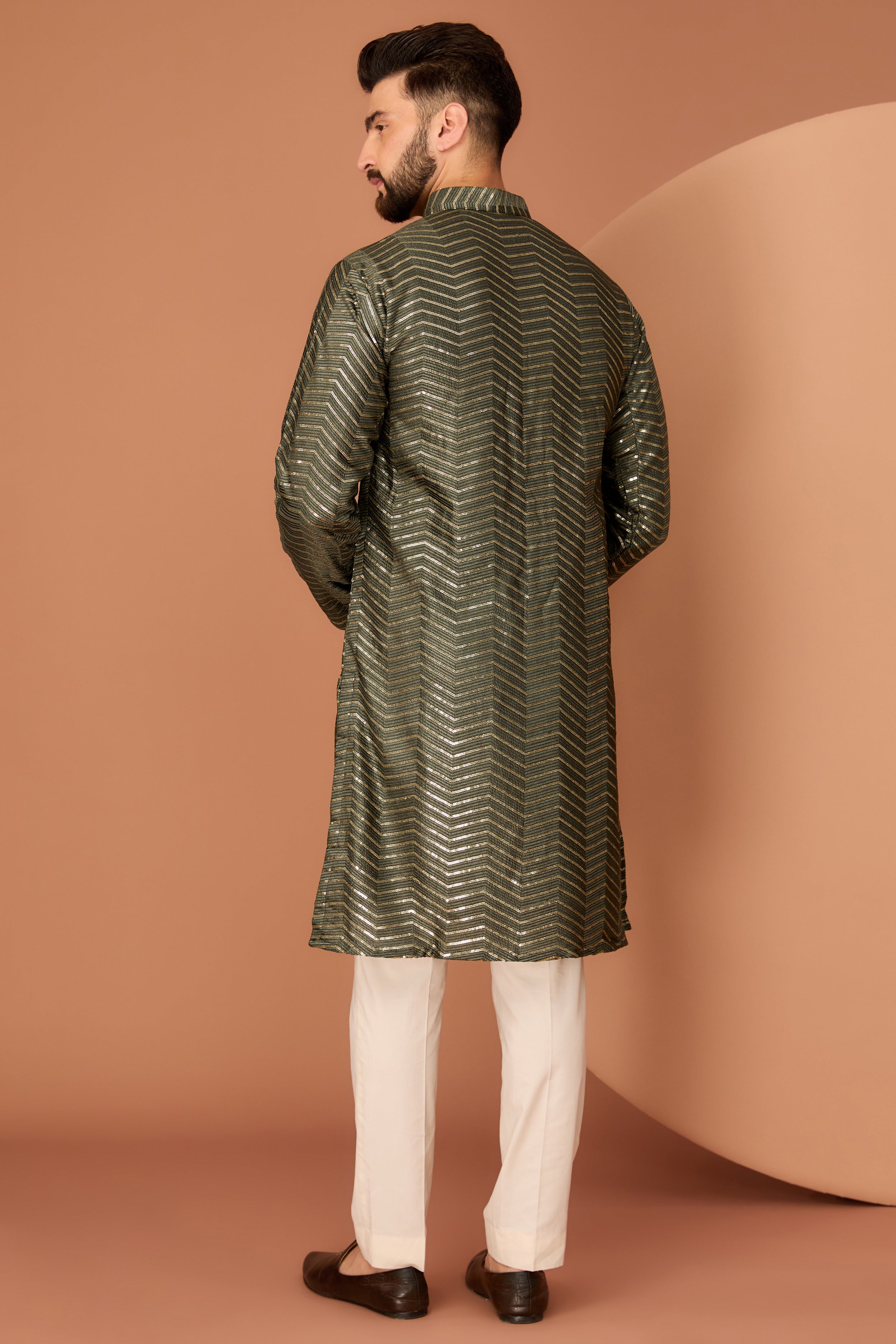 Stylish Military Green Embroidered Kurta with Intricate Sequin Detailing for Men | Perfect for Festivals, Weddings & Casual Wear