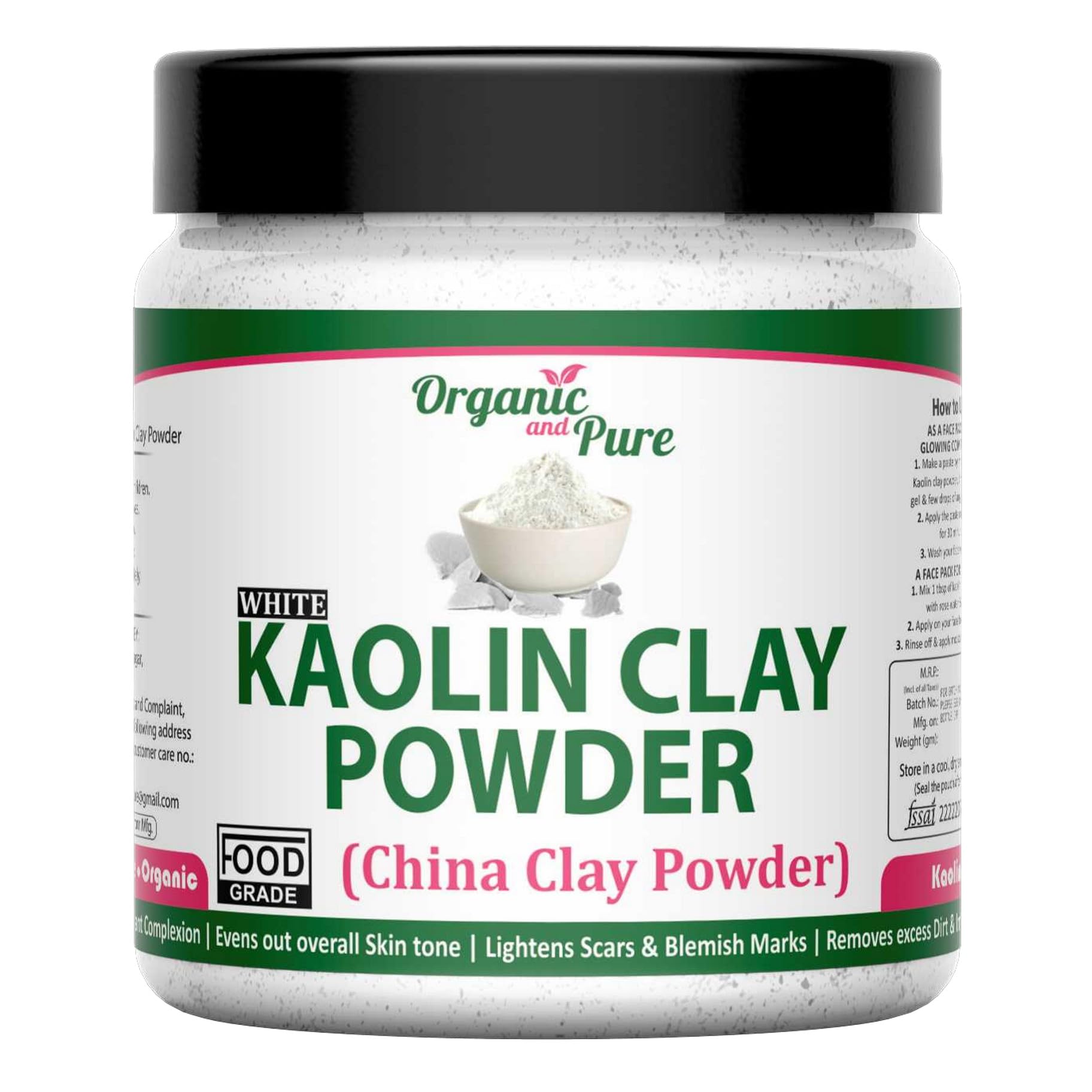 **Organic Kaolin Clay Powder for Skin Whitening & Acne Treatment - 150g Jar - Pure White China Clay for Face, Hair & Body Care - Ideal for DIY Masks, Scrubs & Spa Treatments**