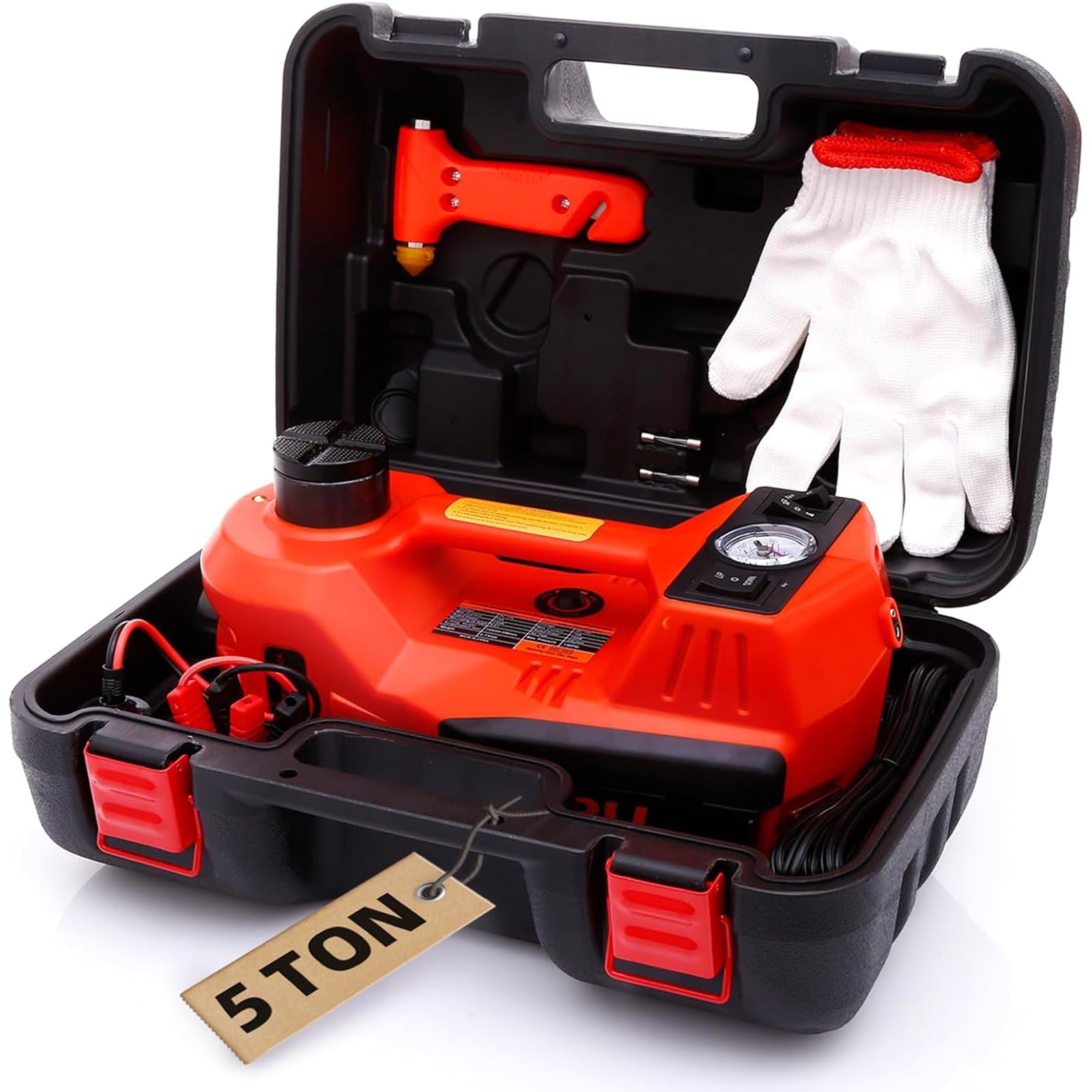 STANDTALL 5 Ton 12V Electric Hydraulic Car Jack with Tire Inflator Pump - Red LED Light Floor Jack for SUVs & Sedans | Emergency Roadside Assistance, Flat Tire Repair, Garage & Home Vehicle Maintenance