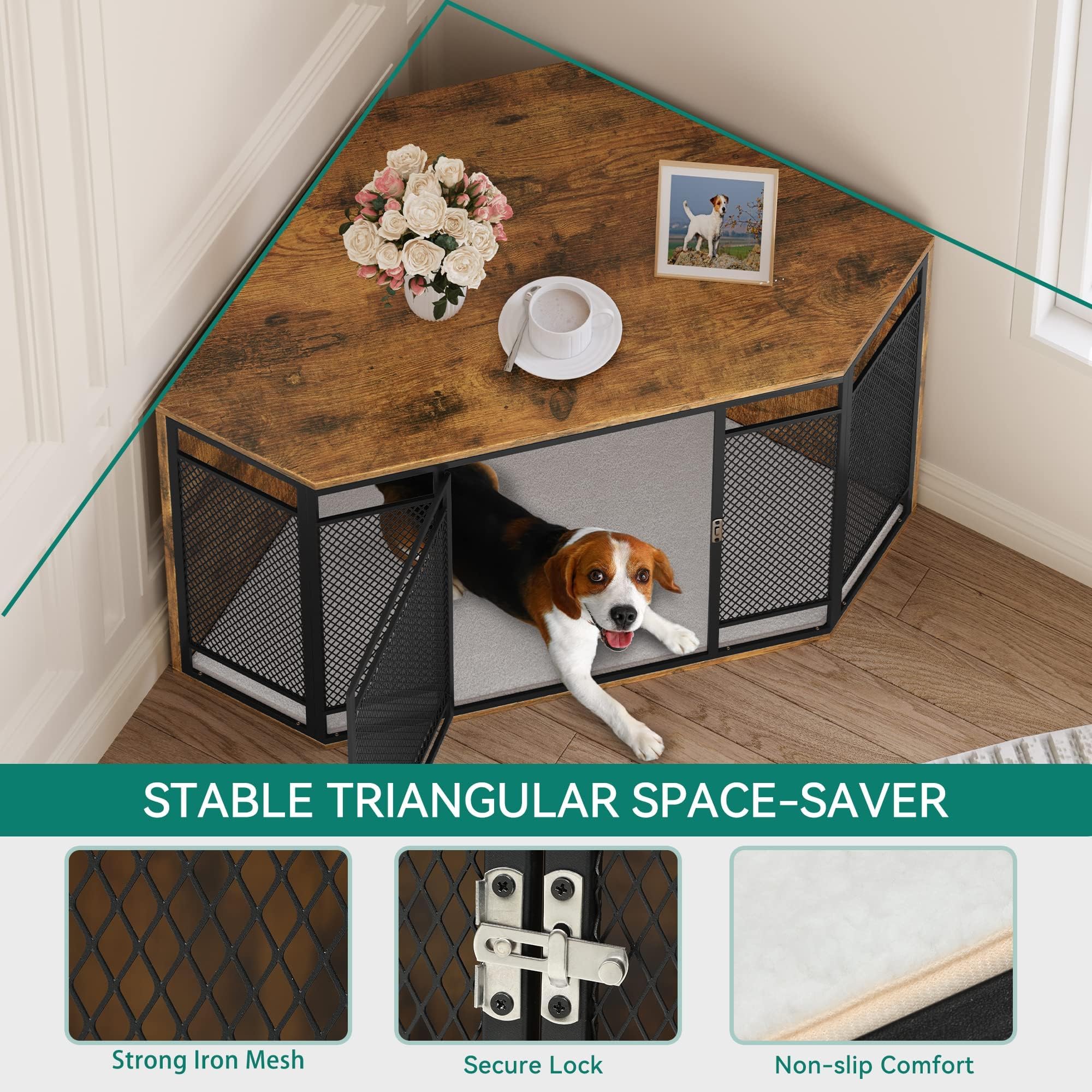 YITAHOME 43.7 Inch Wooden Dog Crate Furniture - Corner Kennel End Table with Metal Mesh for Small & Medium Dogs, Brown | Pet Furniture for Living Room, Bedroom & Office