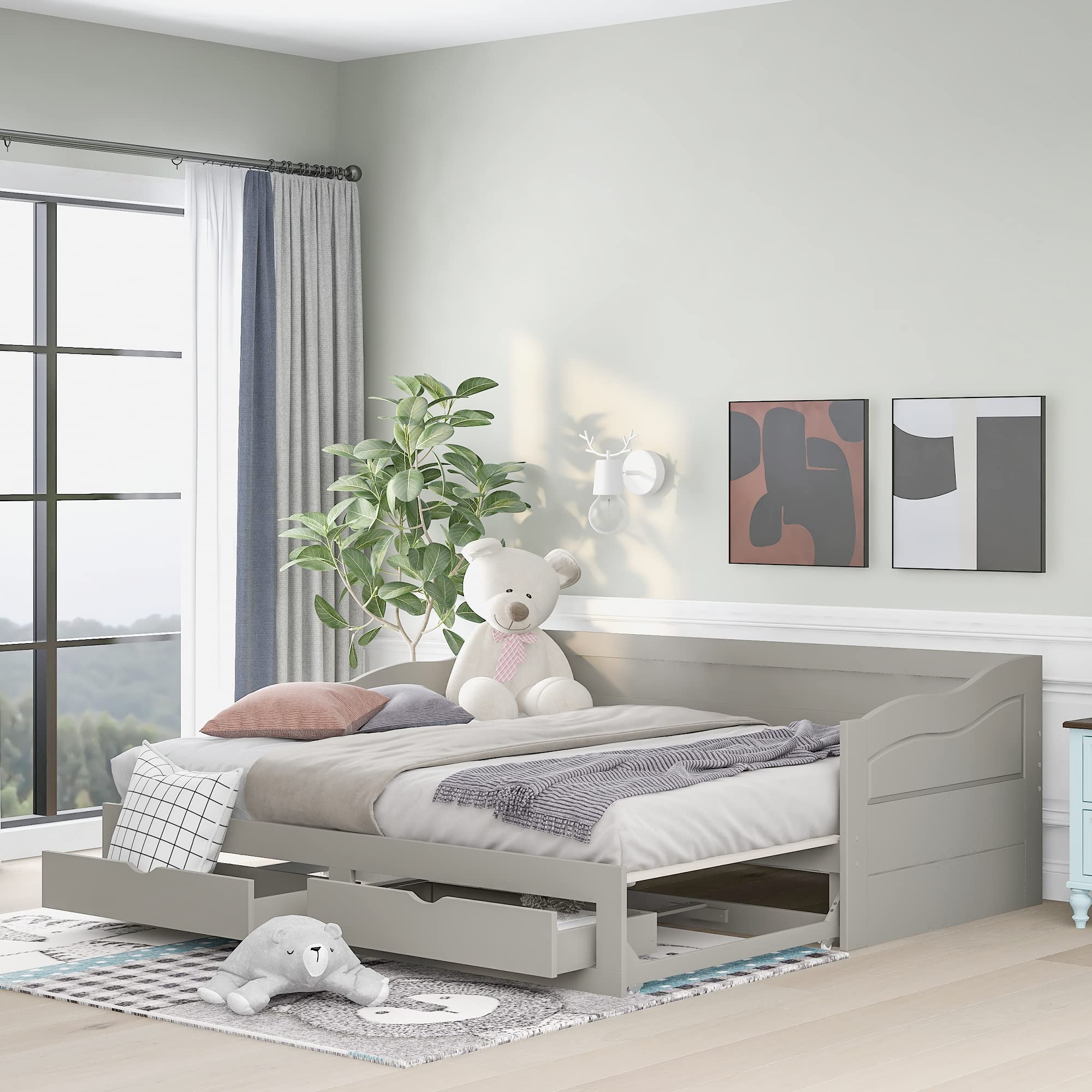 Merax Wooden Daybed with Trundle - Convertible Twin to King Size Sofa Bed with 2 Storage Drawers, Gray | Perfect for Guest Room, Small Space & Multi-Functional Furniture Needs