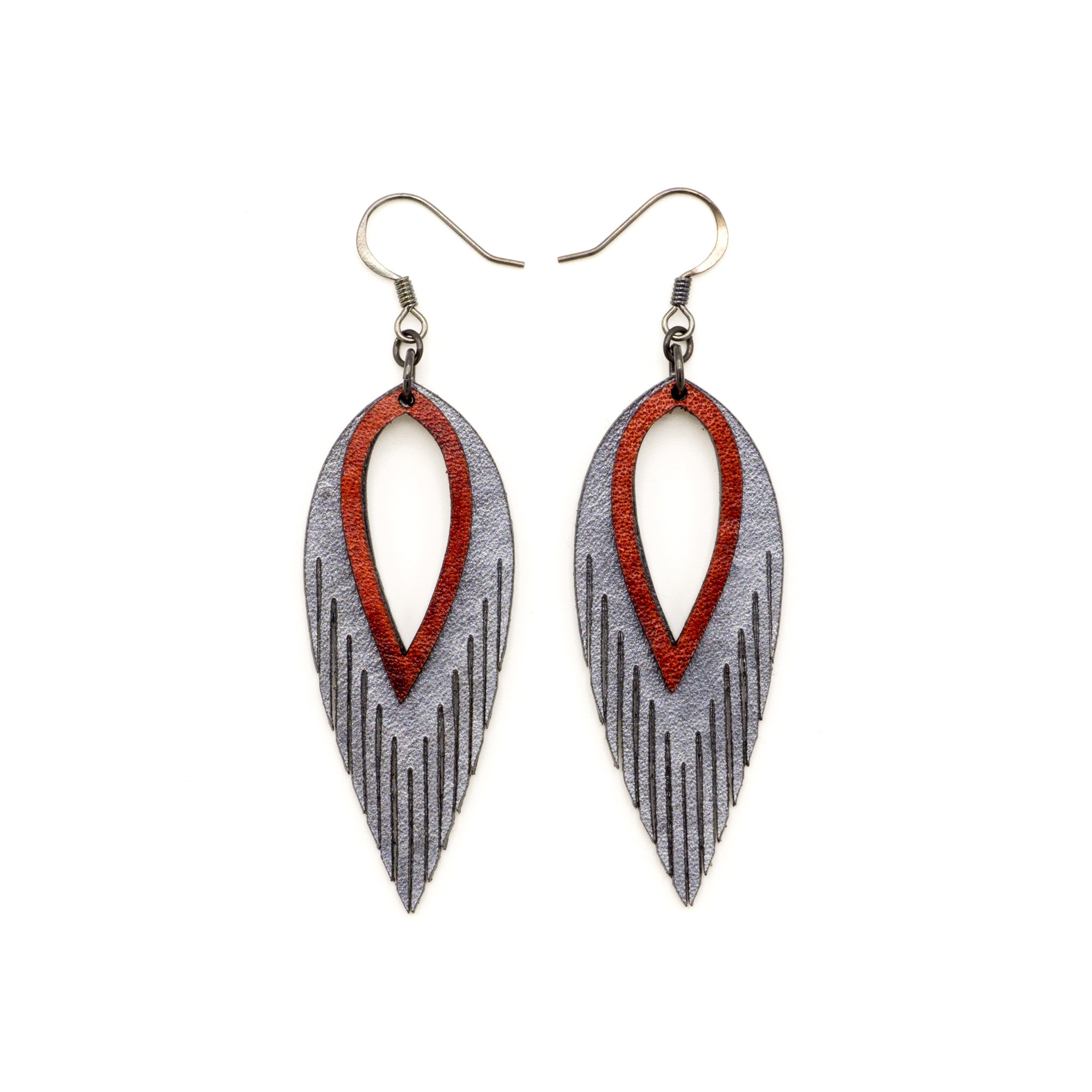 Nativas 2 Layer Genuine Leather Earrings for Women - Silver & Red Handmade Dangle Earrings | Perfect for Casual Wear, Parties, and Special Occasions