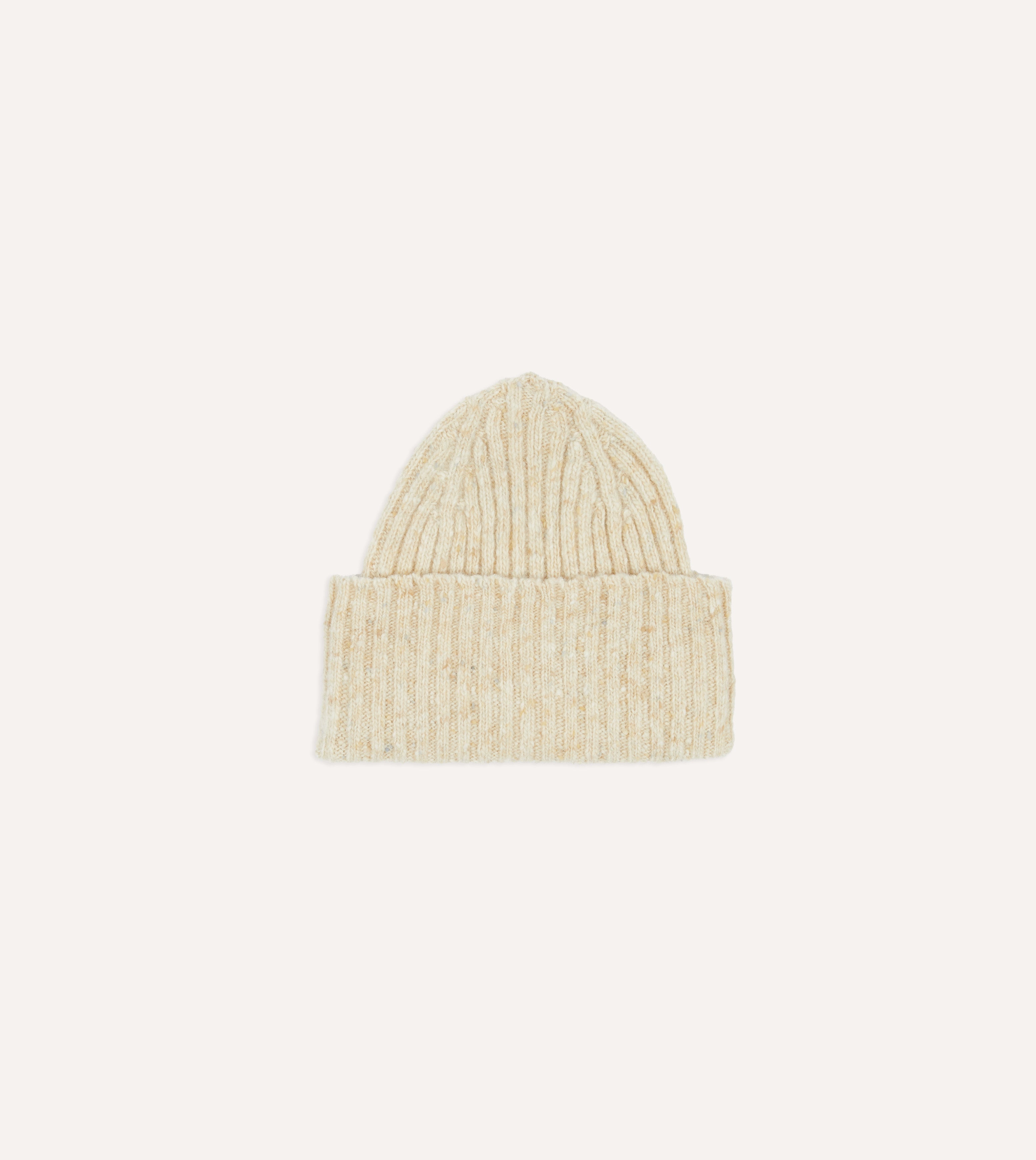 Oatmeal Donegal Ribbed Merino Wool Knit Beanie Hat - Warm Winter Accessory for Men & Women