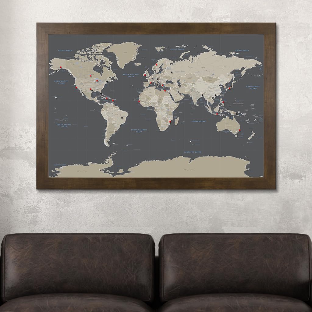Custom Push Pin Travel Map - Rustic Brown Framed World Wall Art with 150 Pins | Handmade in USA | 27.5x39.5 Inches | Perfect for Home Office Decor & Travel Enthusiast Gifts