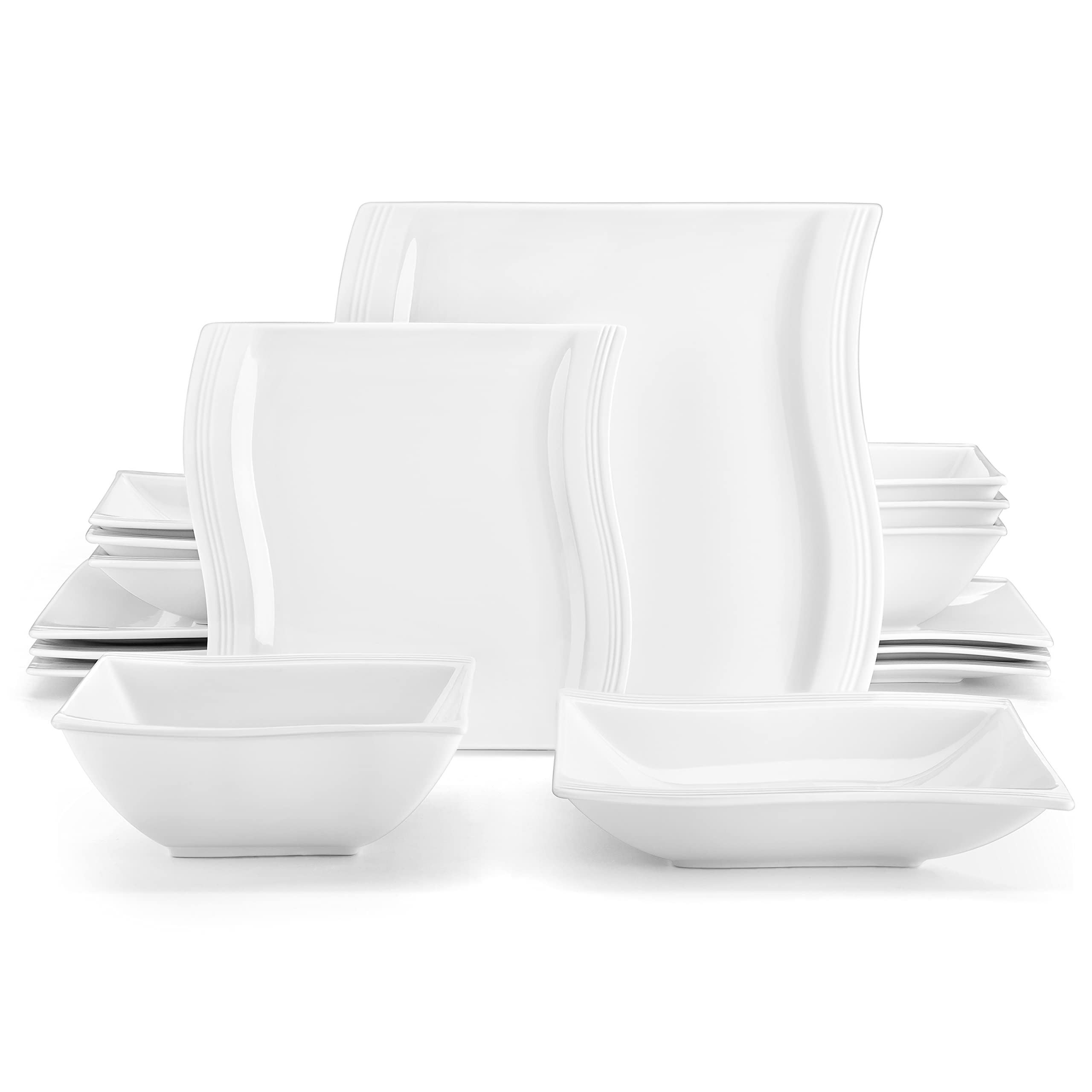 MALACASA 16-Piece Ivory White Porcelain Dinnerware Set for 4 - Square Plates & Bowls, Modern FLORA Series | Includes Dinner Plates, Dessert Plates, Soup Bowls | Perfect for Family Meals, Dinner Parties & Restaurant-Style Dining