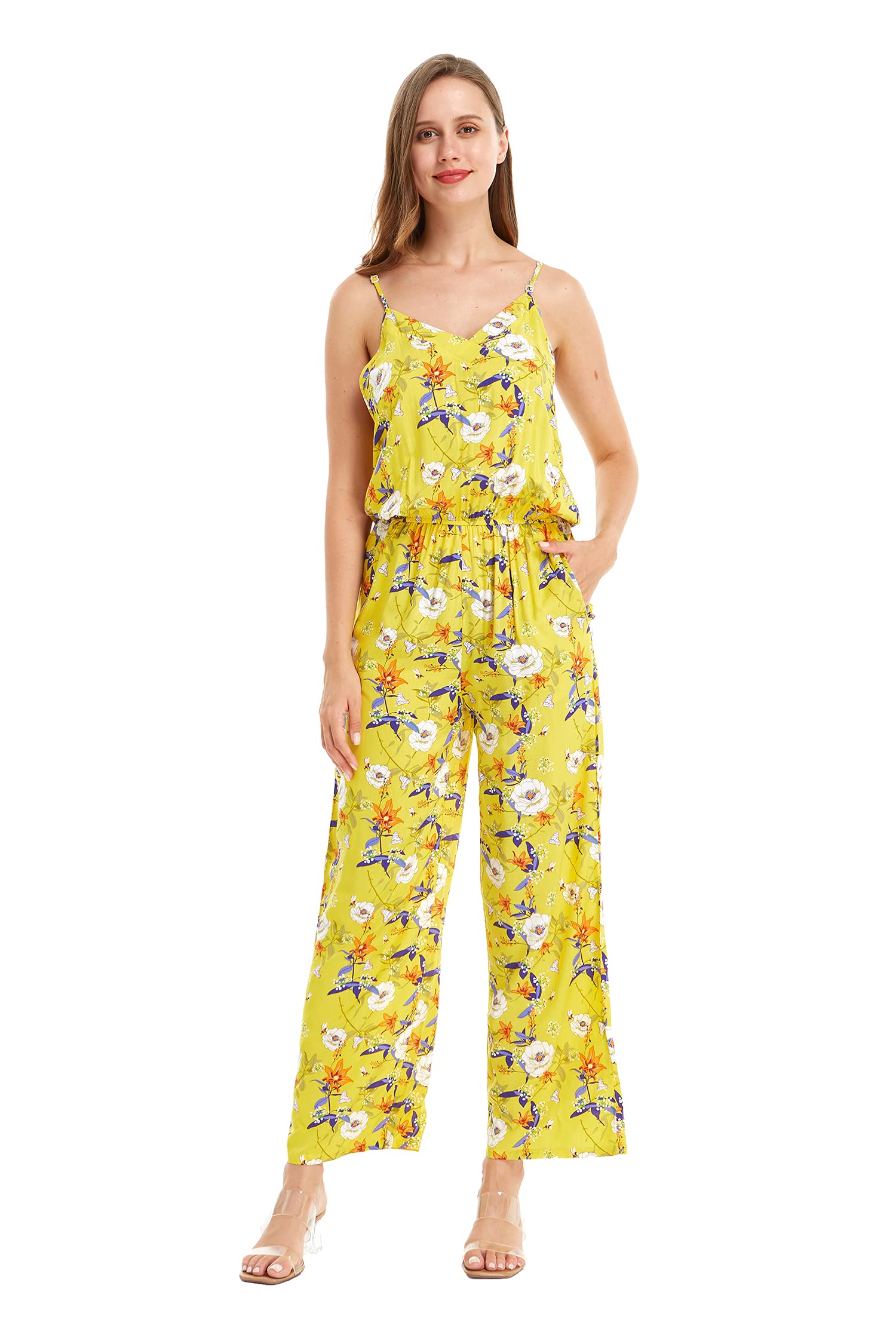 Hawaiian Luau Matching Mother Daughter Jumpsuit Romper - V-Neck Strap Floral Print in Garden Poppy Yellow | Beach Vacation, Family Photo Outfits, Summer Party Wear