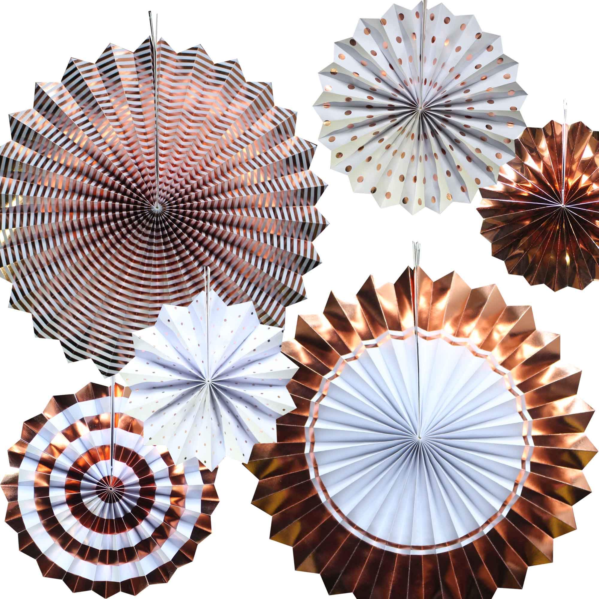 Rose Gold Paper Fans - Set of 6 Wedding Party Decorations for Birthday, Carnival & Welcome Events - Elegant Floral Backdrop for Photo Booths, Baby Showers & Bridal Showers