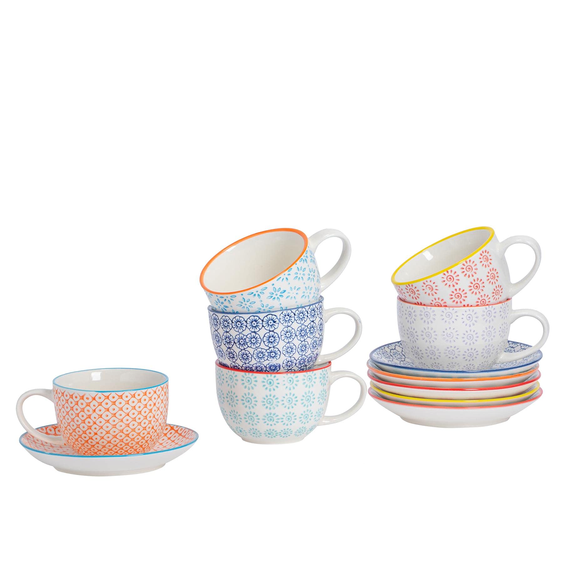 Nicola Spring Floral Porcelain Cappuccino Cups and Saucers Set - 6 Unique Designs (250ml/8.5oz) - Elegant Coffee Cups for Home, Cafe & Gift Giving - Perfect for Espresso, Latte & Tea Time