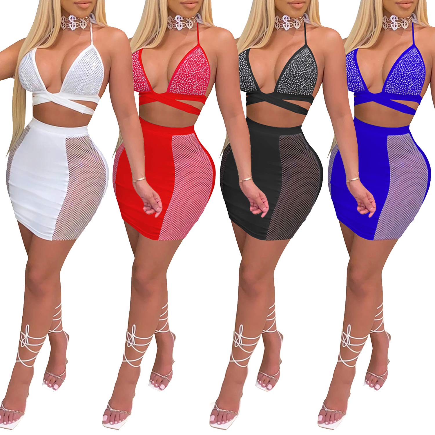 PORRCEY Women's Sexy Rhinestone Sleeveless Party Dress - Elegant Clubwear for Night Out, Evening Events & Special Occasions