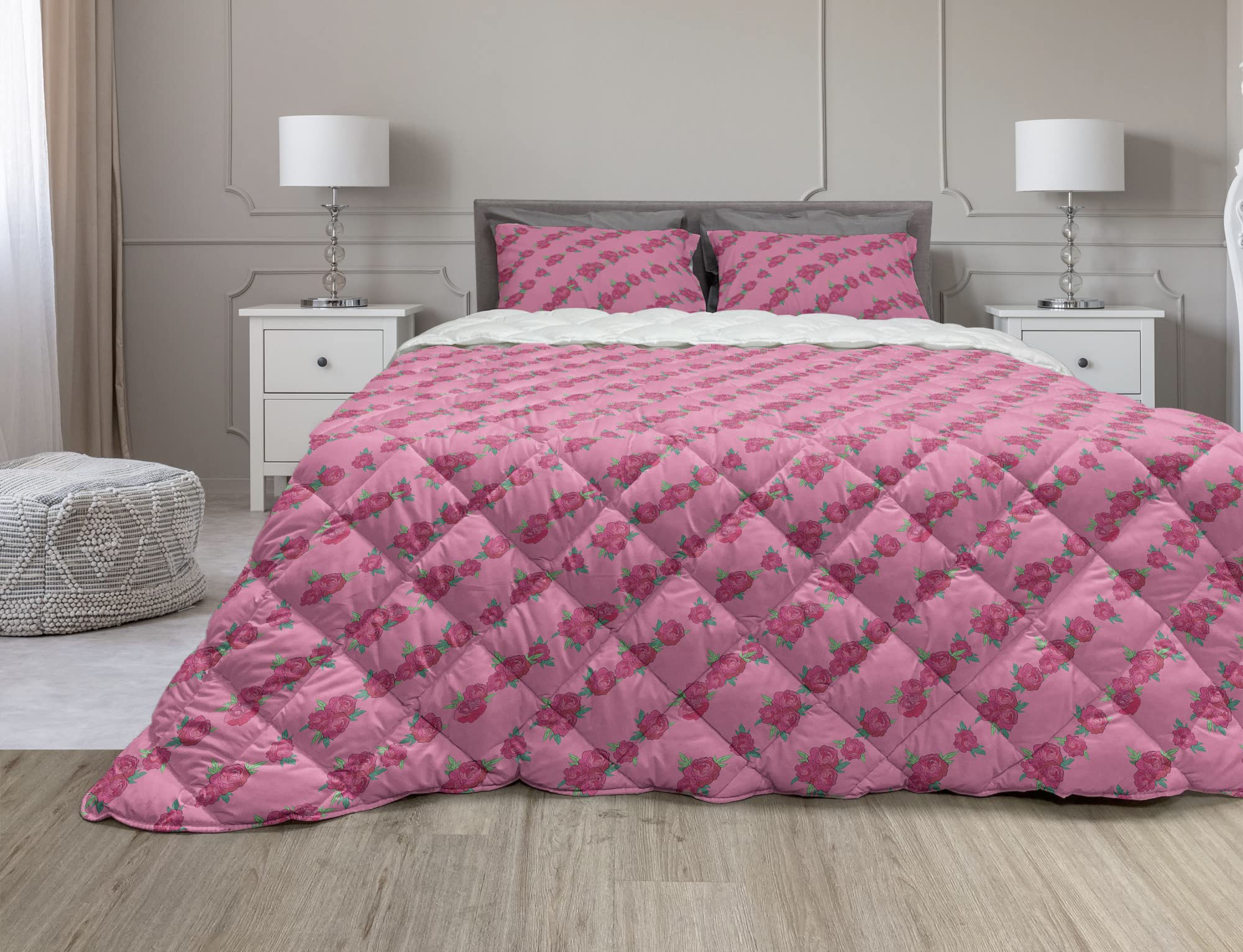 Ambesonne Roses Comforter & Sham Bedding Set - Modern Vintage Floral Print Duvet Cover with Microfiber Filling, 3 Piece Queen Size in Pink Fern Green Magenta | Perfect for Master Bedroom, Guest Room & Bohemian Home Decor