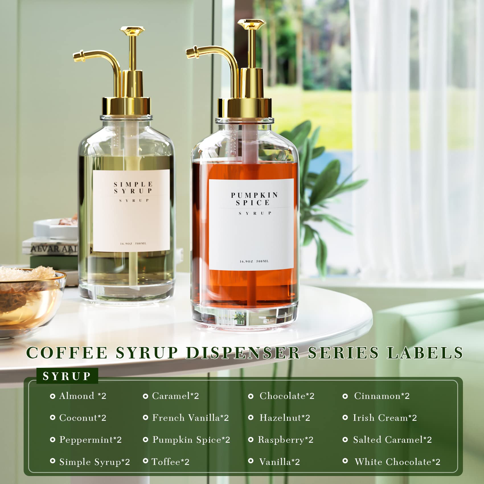 Premium Glass Coffee Syrup Dispenser with Gold Pumps - 16.9oz (500ml) Bottle for Coffee Bars & Cafes - Includes 42 Custom Labels (2-Pack) - Perfect for Latte Art, Specialty Drinks & Home Barista Stations