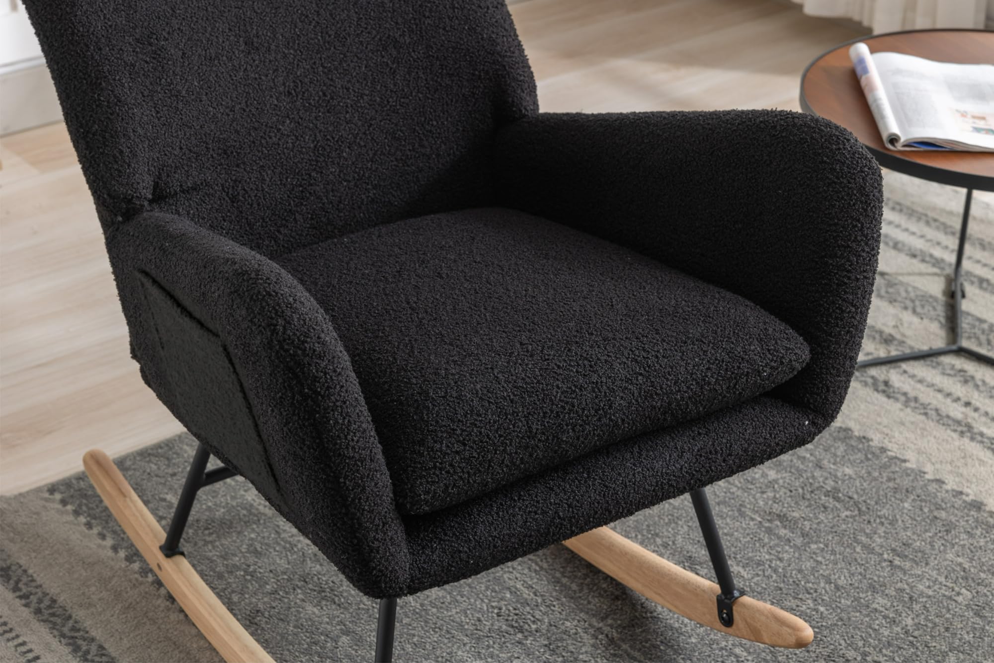 LUSPAZ Soft Teddy Velvet Rocking Chair - Nursery Glider Rocker with Solid Wood Base, Comfortable Wingback Design for Living Room, Bedroom & Balcony (Black) - Perfect for Nursing, Reading & Relaxing