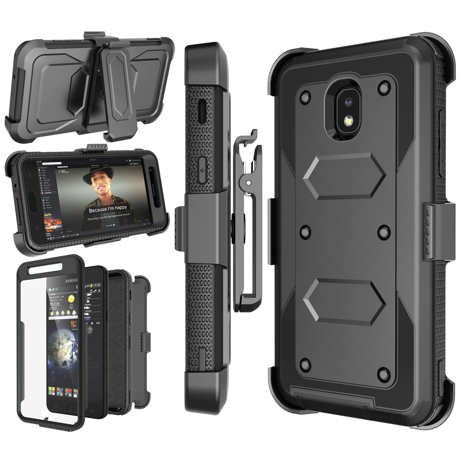 Njjex Galaxy J3 Orbit Case - Compatible with Samsung J3 2018/J3 Eclipse 2/J3 Achieve/Express Prime 3/Amp Prime 3/J3 Prime 2/J3 Emerge/J3 V 3rd Gen/J3 Aura/J3 Star - Protective Holster with Swivel Belt Clip Phone Cover (Black) - Perfect for Work, Outdoor Activities & Everyday Use