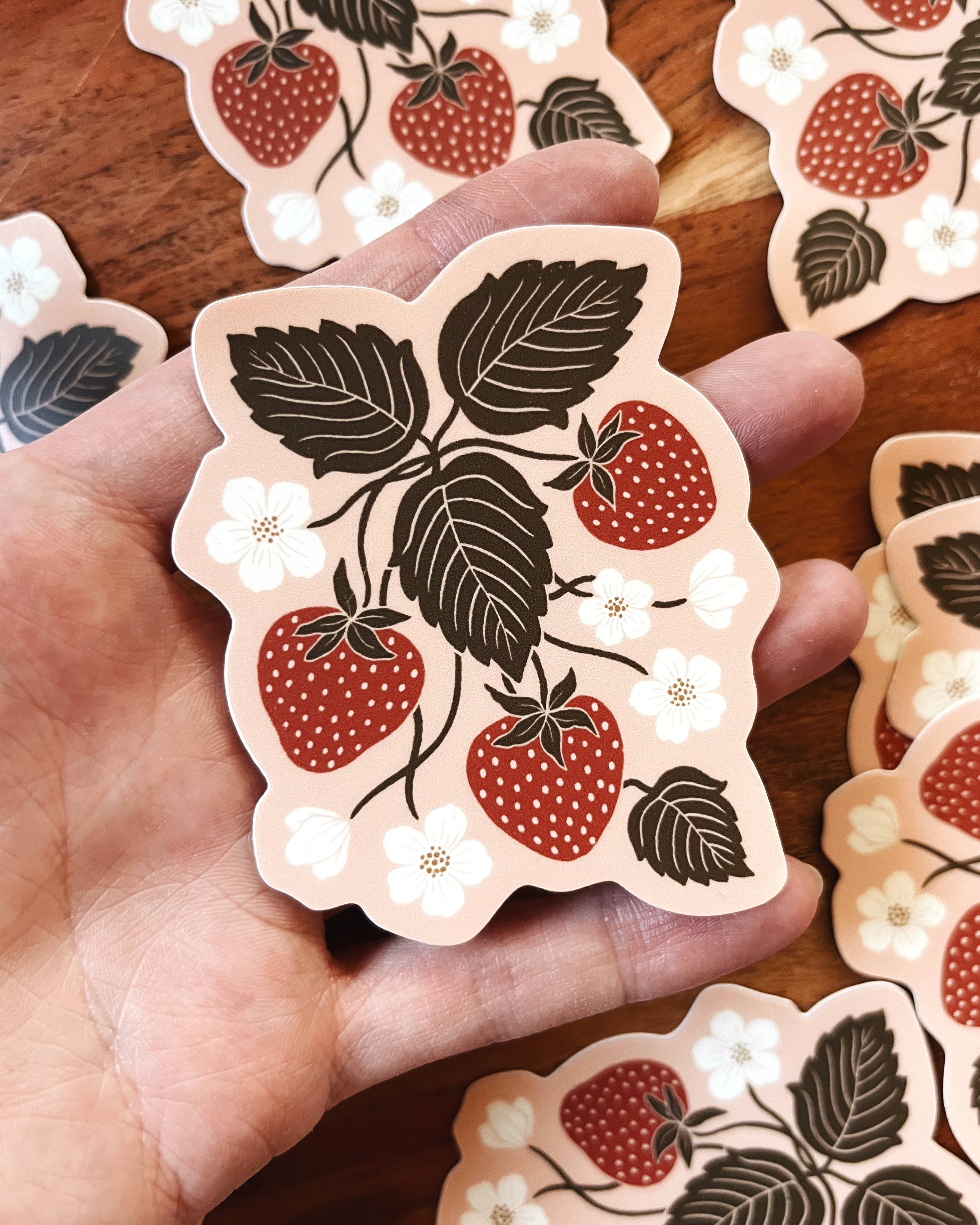 Strawberry Patch Vinyl Sticker - Blush Pink Garden Floral Decal for Laptops, Water Bottles & DIY Crafts | Cute Aesthetic Stickers for Scrapbooking & Journaling