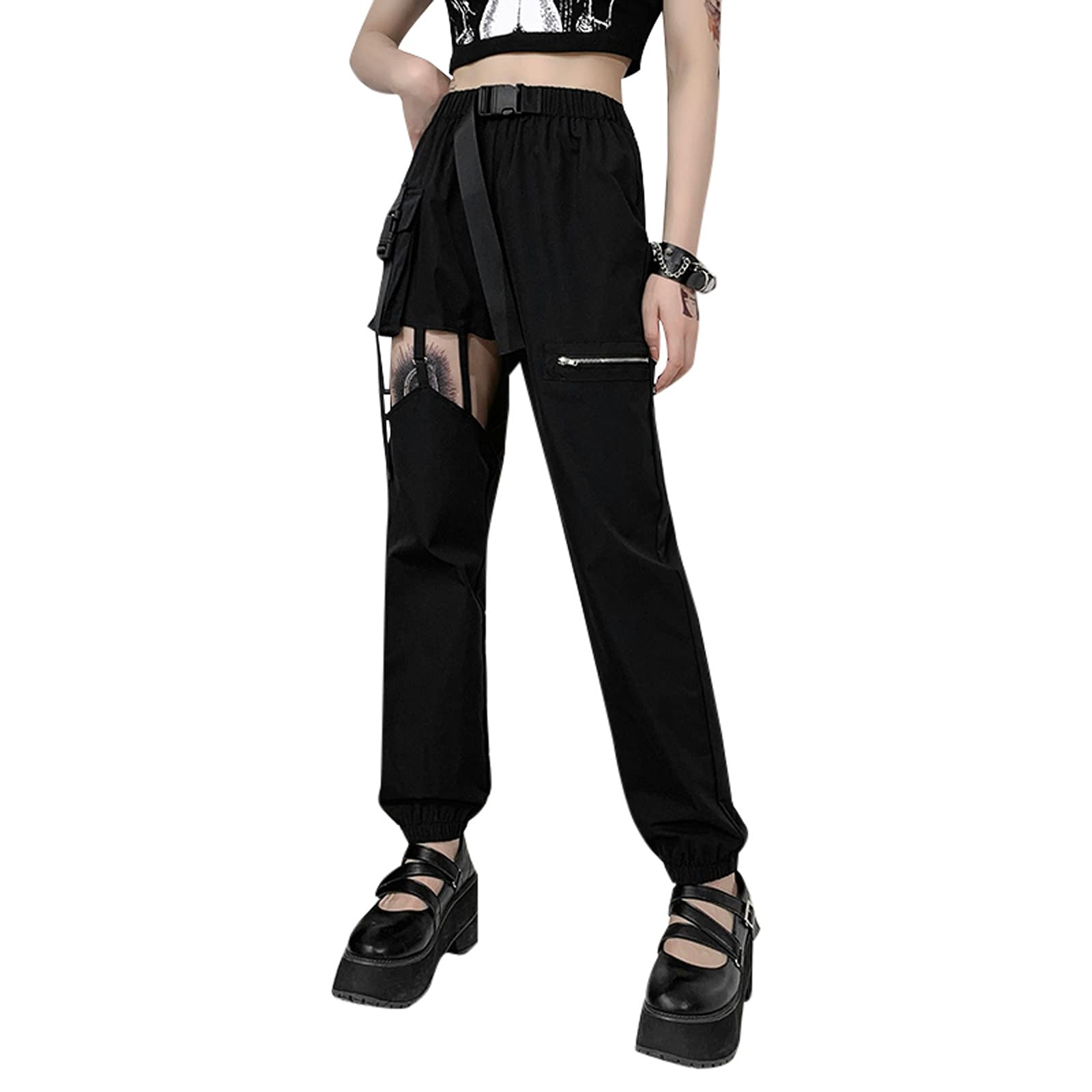Trendy Y2K Punk Hollow Cargo Pants for Teen Girls & Women - High Waist Straight Loose Fit with Belt Buckle | Streetwear, Skater Fashion & Retro Aesthetic Outfits