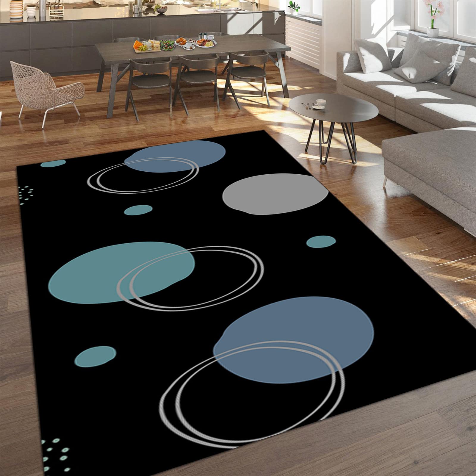 Black and Blue Grey Geometric Area Rug - Non-Slip Machine Washable 6x8 ft Rug for Living Room, Bedroom, Dining Room | Farmhouse Decor, Durable Floor Covering for Home & Office Use