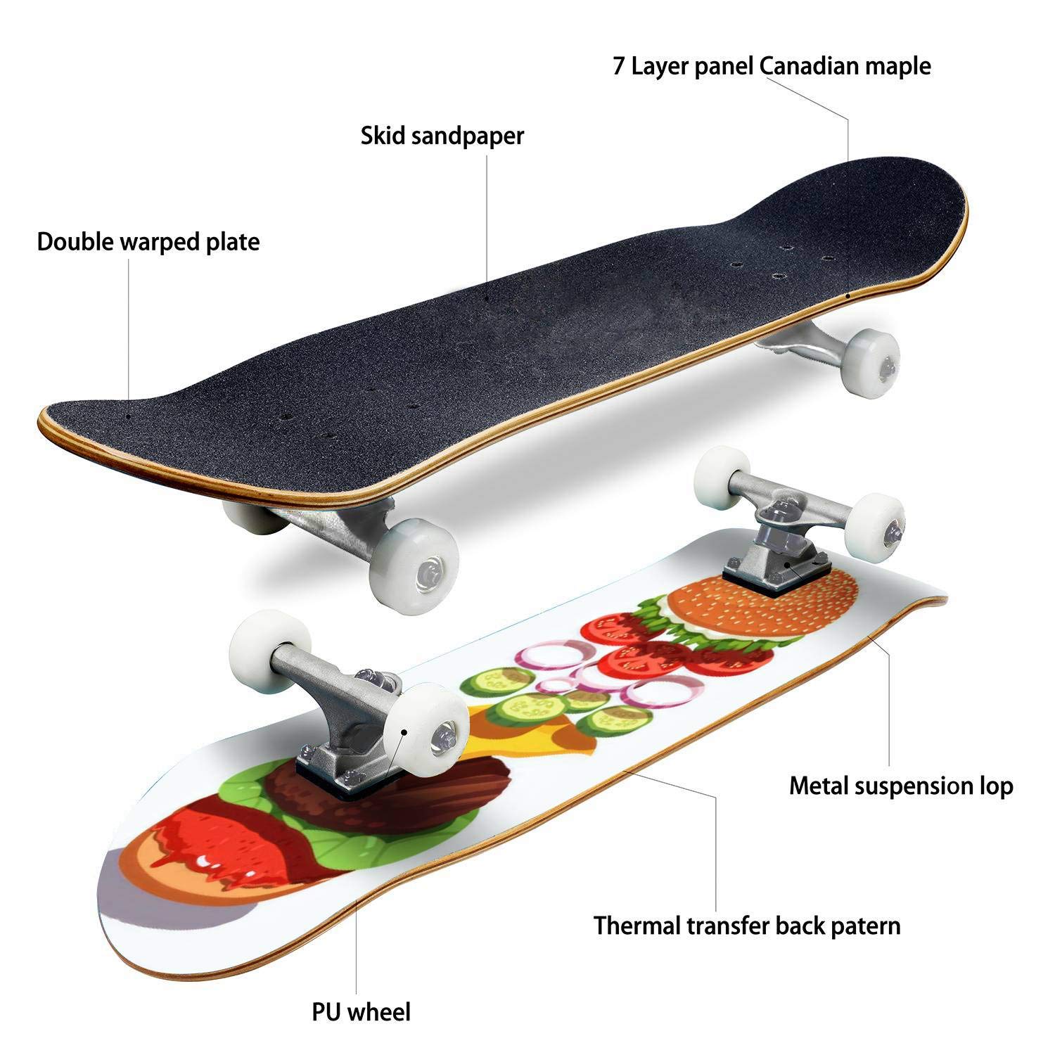 Premium Concave Skateboard for Beginners & Pros - Classic Grilled Hamburger Design - Longboard for Extreme Sports & Teen Gifts - Perfect for Street Skating, Park Tricks & Commuting