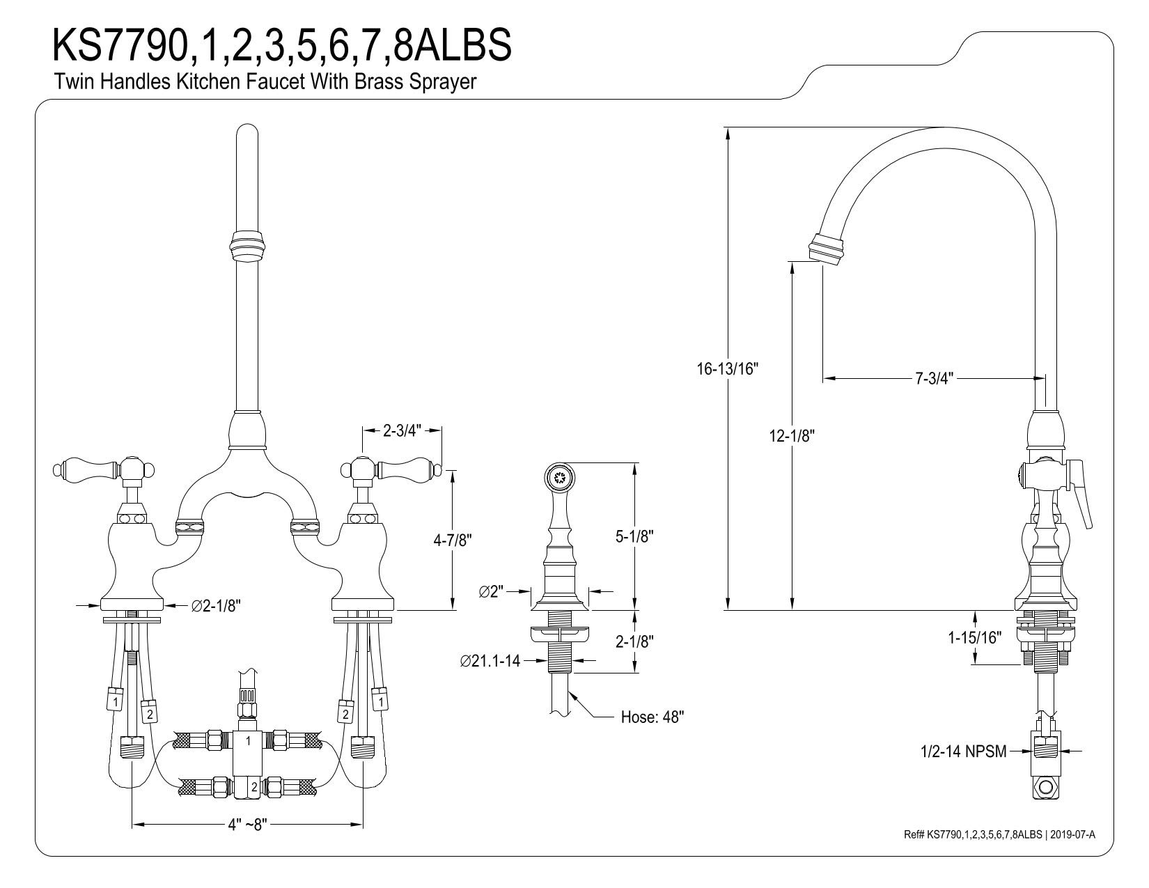 Kingston Brass KS7795ALBS English Country Bridge Kitchen Faucet with Brass Sprayer - 7-3/4 Inch Spout Reach, Oil Rubbed Bronze Finish - Perfect for Farmhouse, Cottage & Traditional Kitchen Styles
