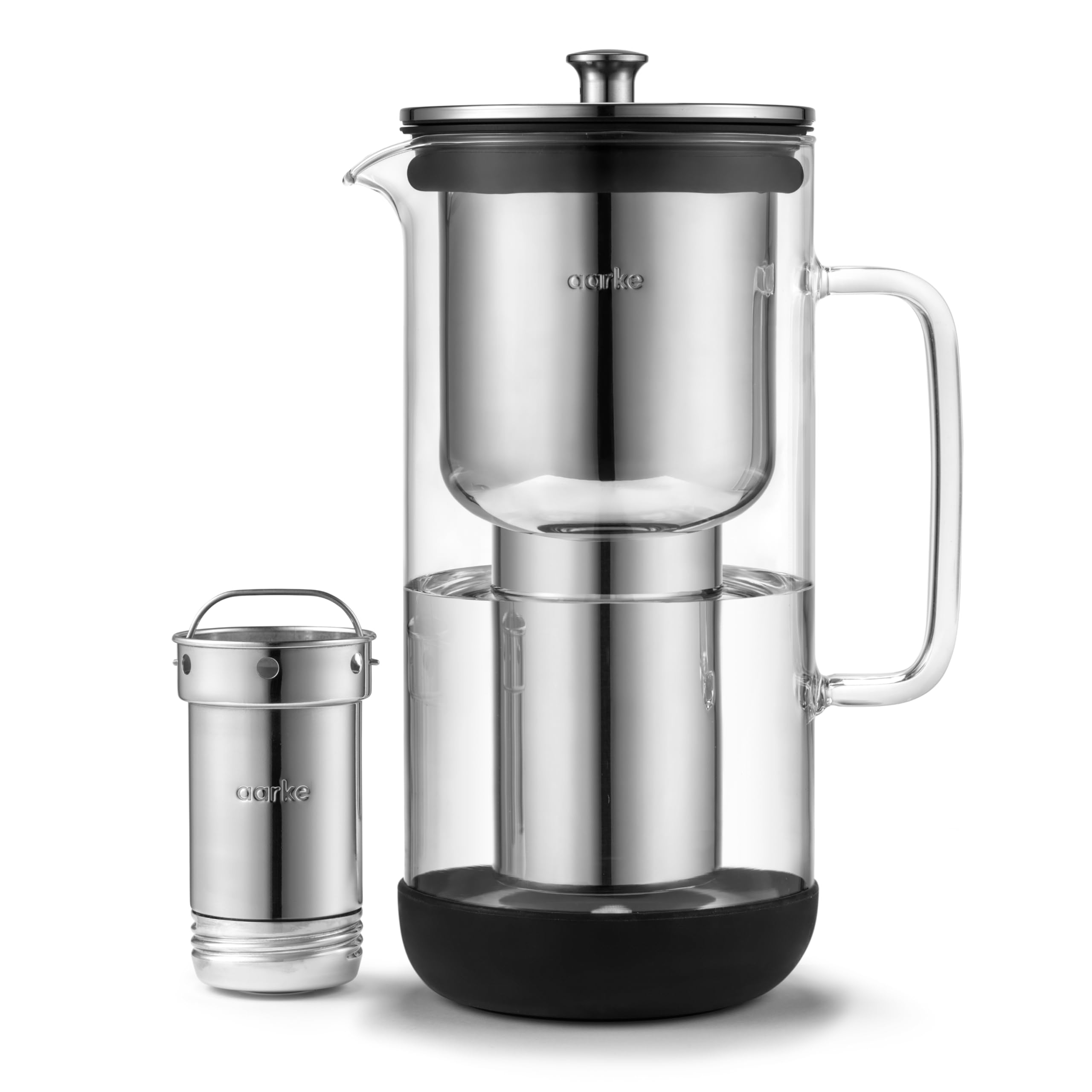 Aarke Premium Glass Water Pitcher with Stainless Steel Filter - 8-Week Long-Lasting Performance, BPA-Free, Dishwasher Safe, 1.18L (5 Cups) Capacity - Pure & Enriched Refill Granules for Clean Drinking Water at Home, Office or Travel