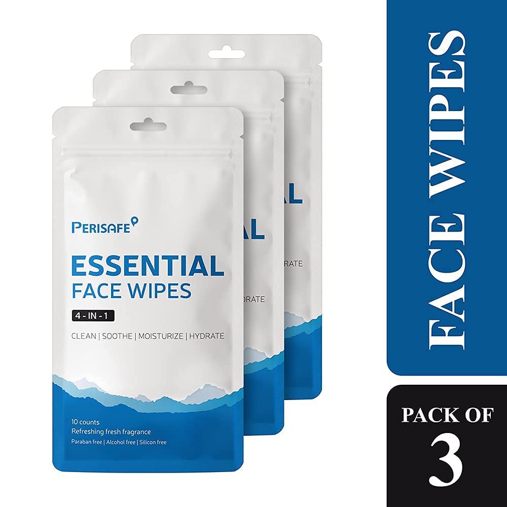 PERISAFE Essential Face Wipes - 4-IN-1 pH Balanced Cleansing Wipes for Sensitive Skin | Alcohol-Free, Paraben-Free, Silicone-Free | Individually Wrapped Travel Pack of 30 | Perfect for Gym, Travel & On-the-Go Skincare