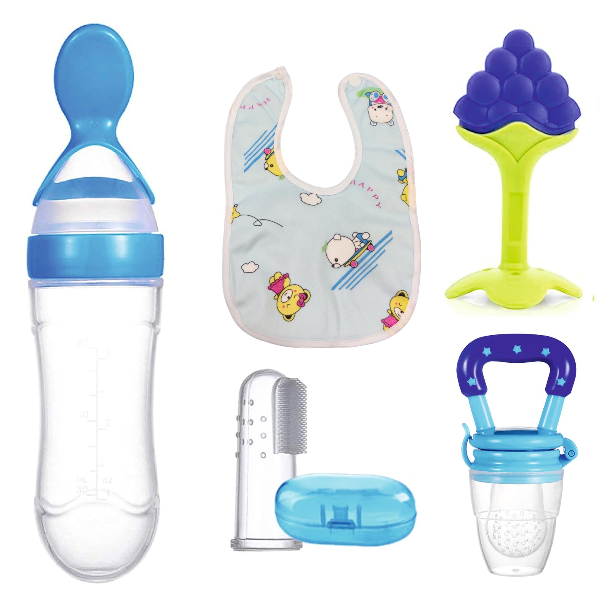 SHOFO SHOP 5-in-1 Baby Feeding Set - Silicone Teething Spoon, Pacifier, Fruit Feeder, Finger Toothbrush & Bib for Infants (Blue Grape Design) - Perfect for Teething Relief & Mess-Free Mealtime