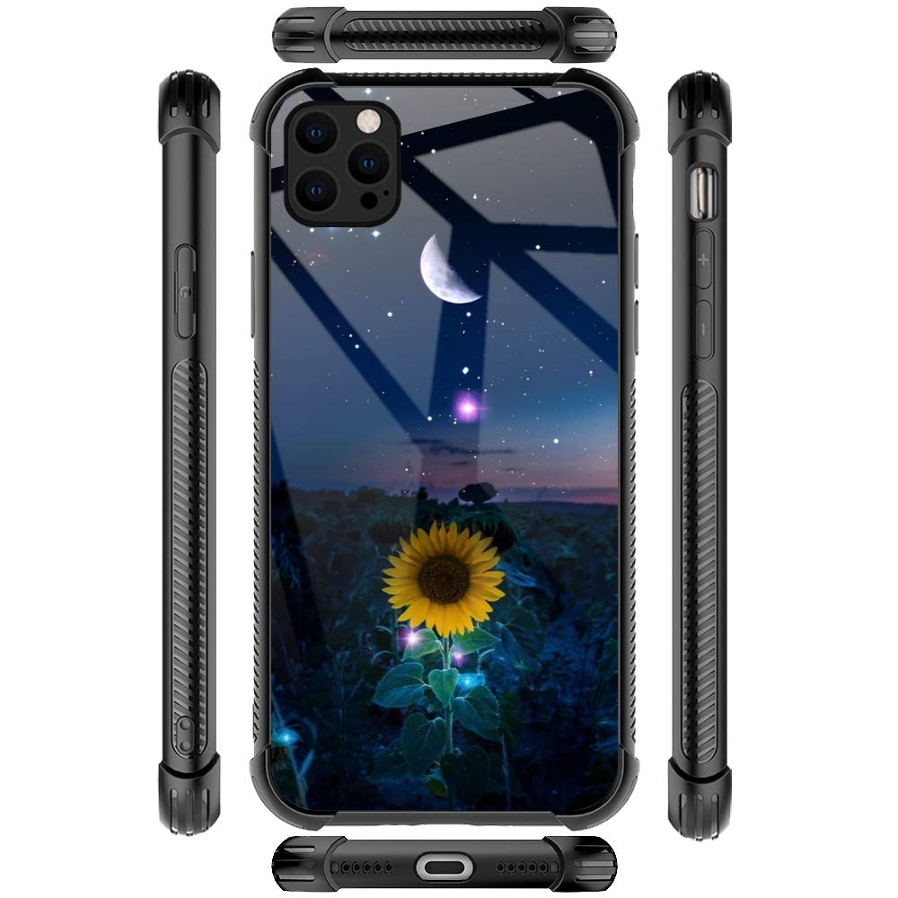 Shockproof iPhone 12 Pro Max Case - Non-Slip Soft TPU Bumper with Reinforced Corners | Protective Phone Cover for Women (Sunflower/Moon/Starry Sky Design) | Perfect for Daily Use, Outdoor Activities & Travel Protection
