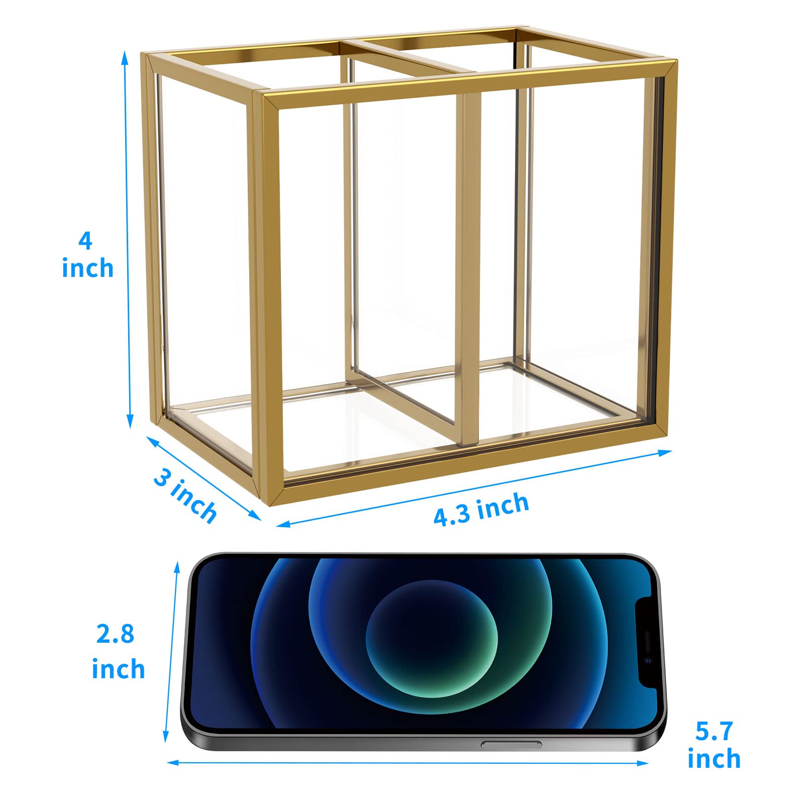 NIUBEE Clear Acrylic Pen Holder for Desk - 2 Compartment Gold Pencil Cup Organizer, Makeup Brush Holder & Office Desk Accessories | Perfect for Home Office, School, and Makeup Vanity Organization