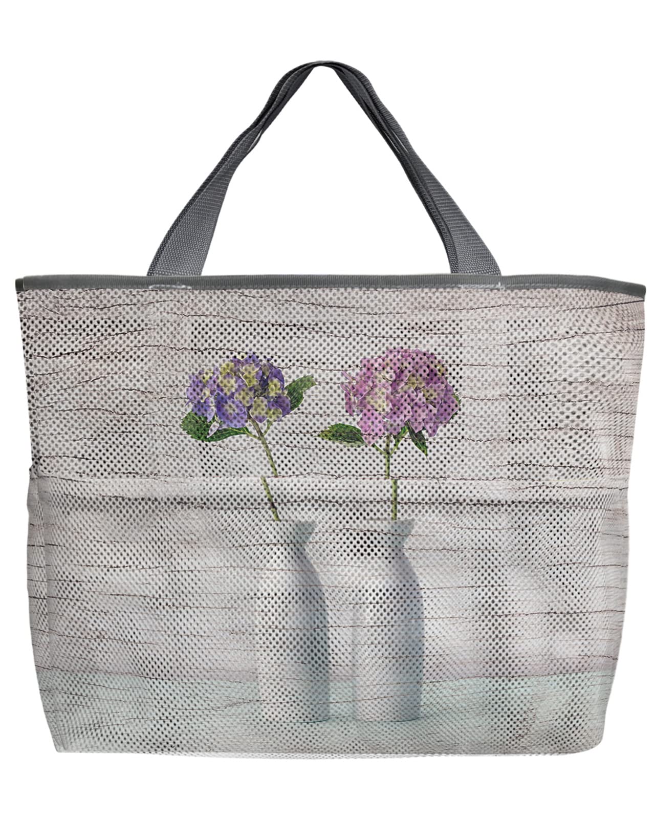 60L Oversized Mesh Beach Tote Bag with Pockets - Hydrangea Floral & Wood Grain Design - Quick Dry Foldable Lightweight Swim Bag (24