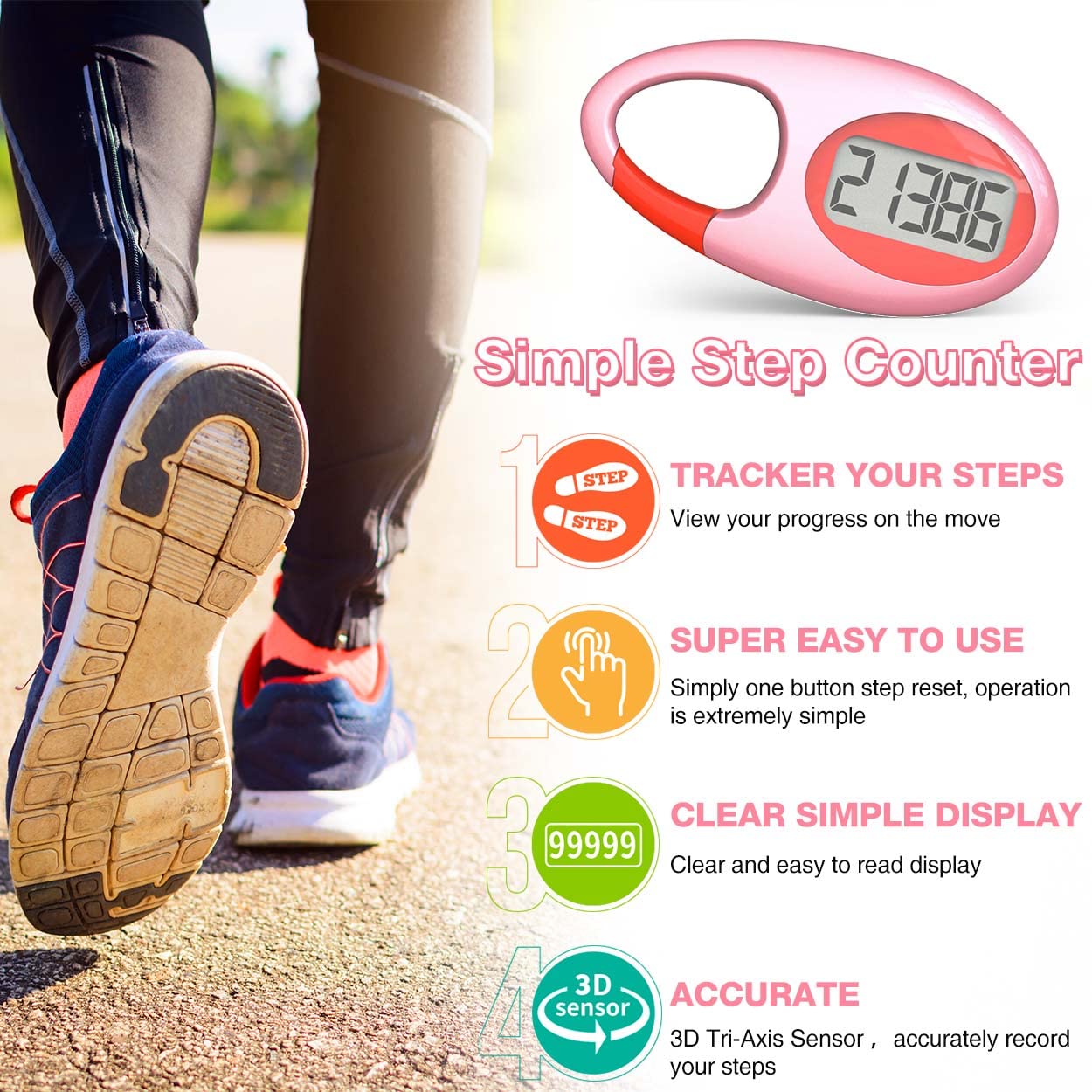 3D Step Counter Pedometer with Lanyard - Fitness Tracker for Walking & Running
