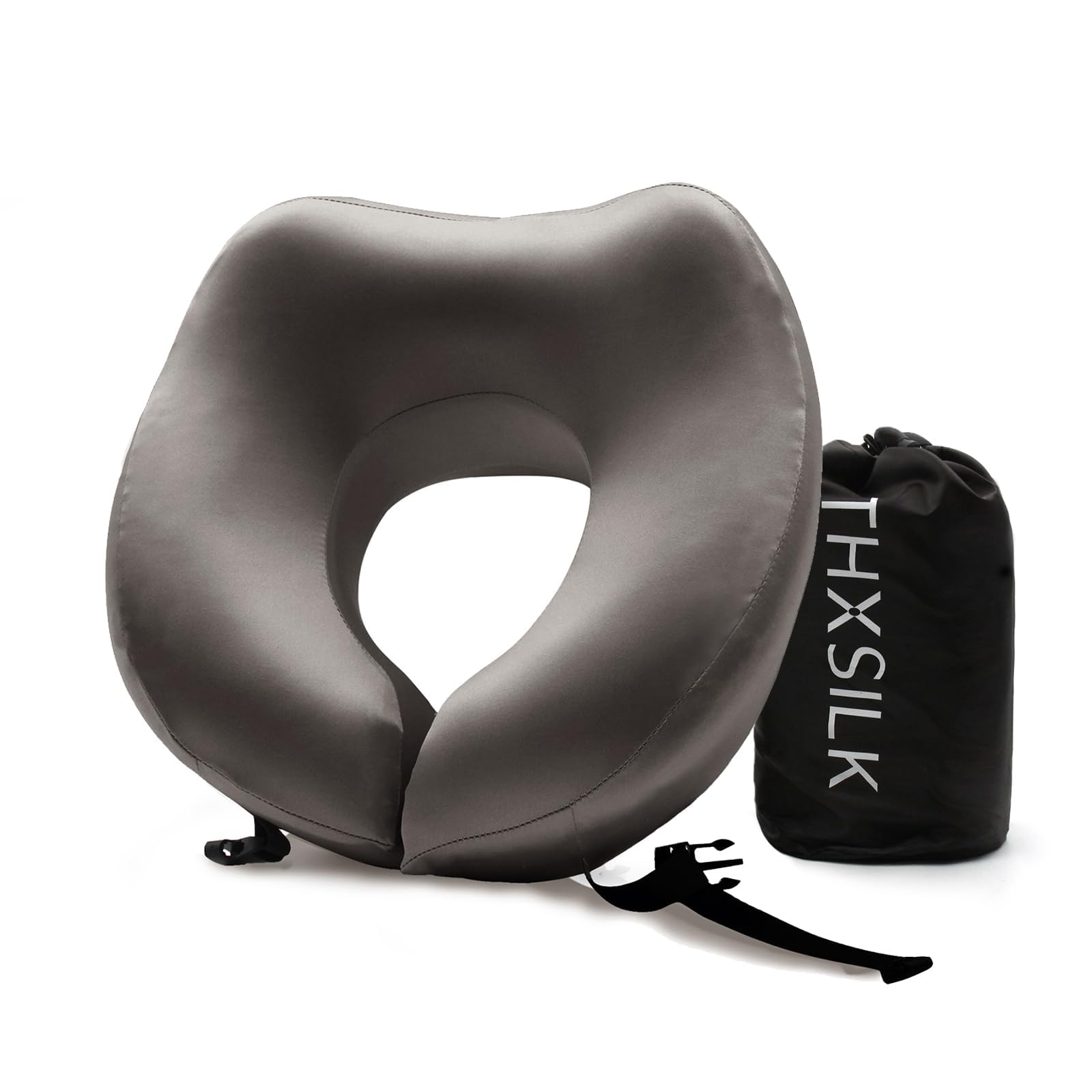 100% Mulberry Silk Travel Neck Pillow with Memory Foam - Airplane Sleeping Pillow for Head & Neck Support | Portable with Storage Bag (Charcoal) | Perfect for Long Flights, Road Trips & Office Naps
